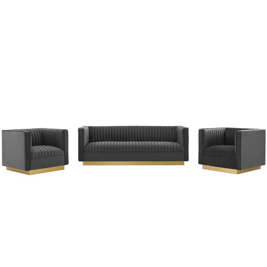 Sanguine 3 Piece Vertical Channel Tufted Upholstered Performance Velvet Set - Gray