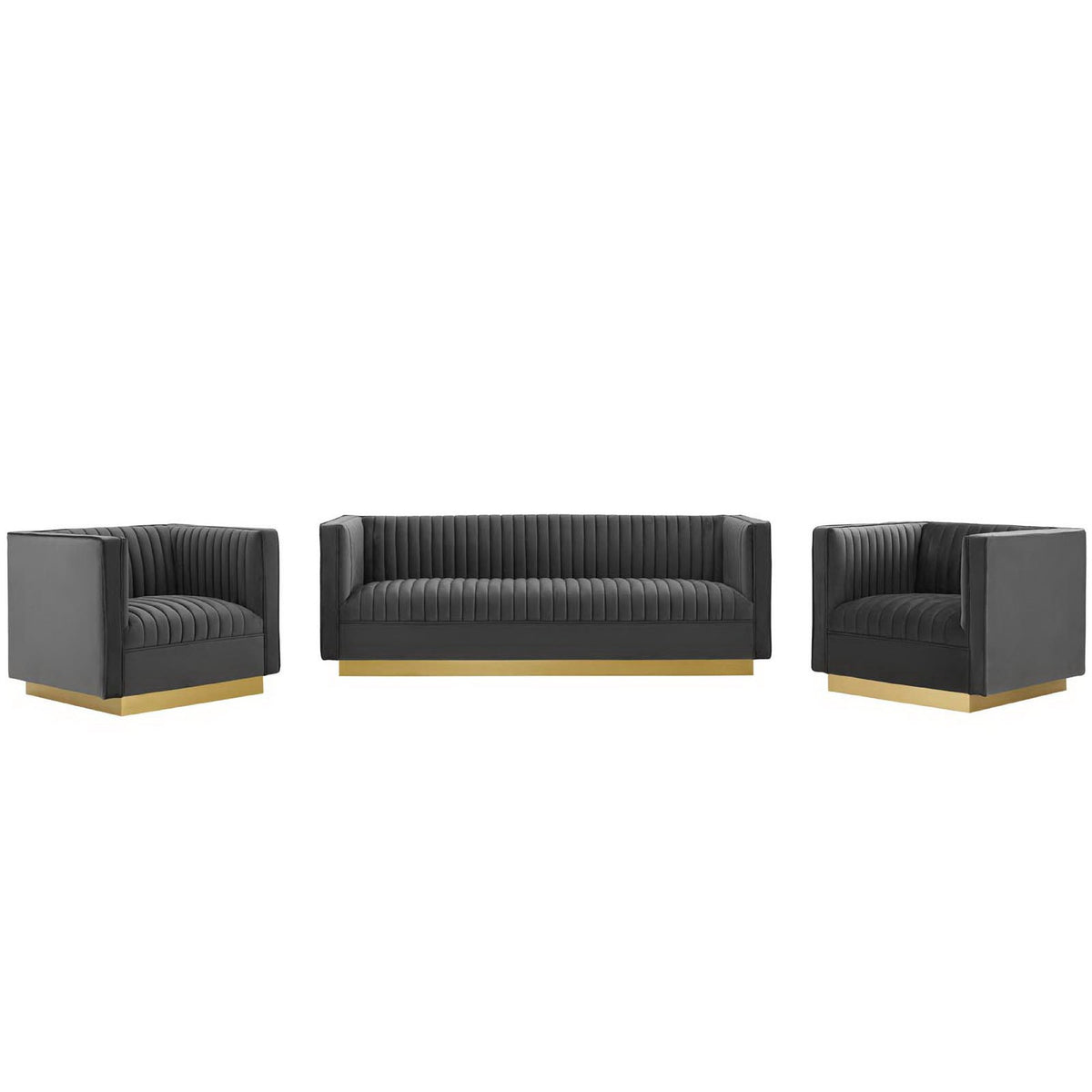 Sanguine 3 Piece Vertical Channel Tufted Upholstered Performance Velvet Set - Gray
