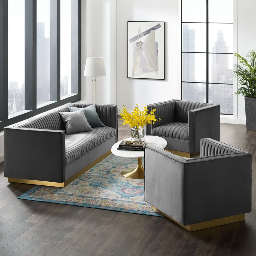 Sanguine 3 Piece Vertical Channel Tufted Upholstered Performance Velvet Set - Gray