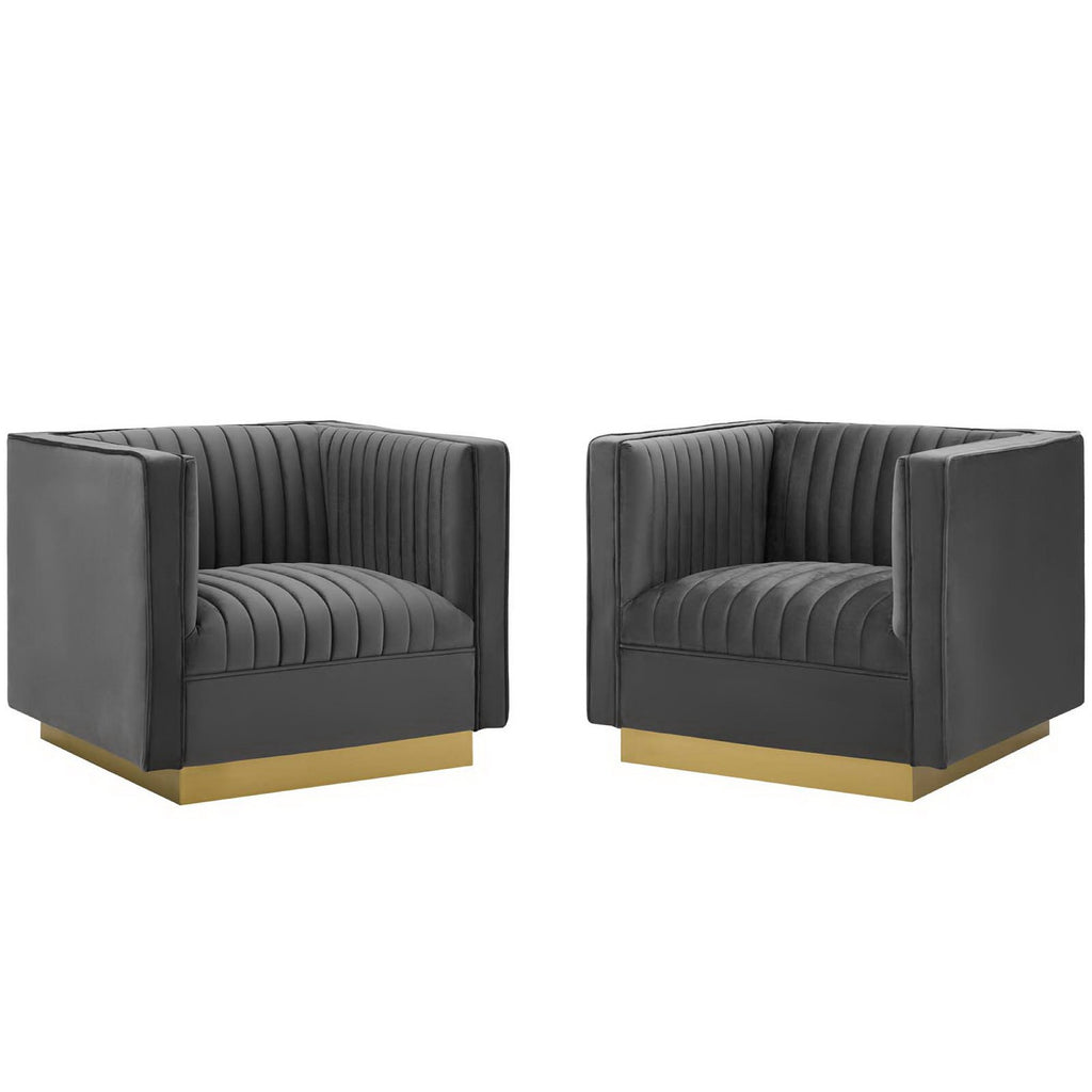 Sanguine Vertical Channel Tufted Upholstered Performance Velvet Armchair Set of 2 - Gray