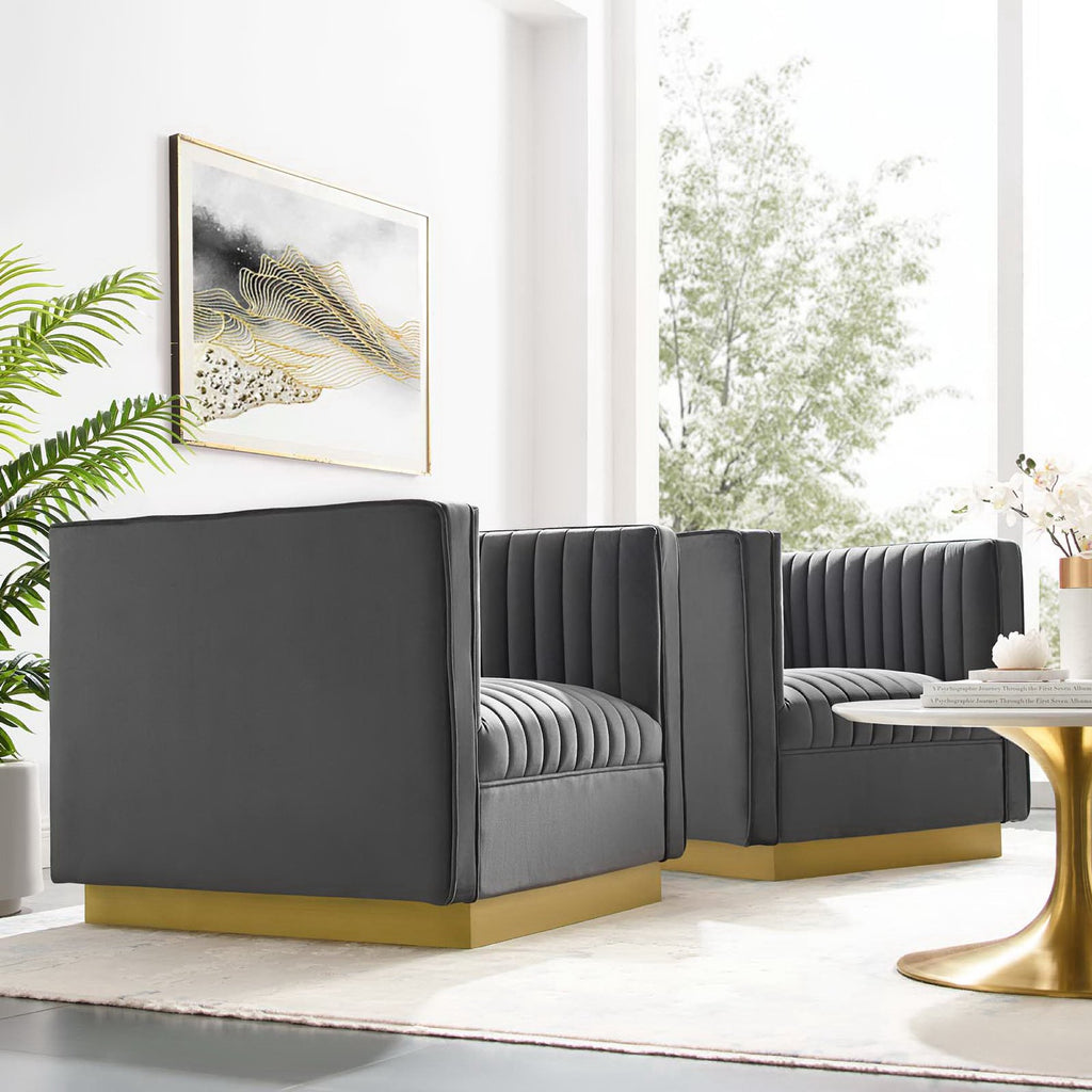Sanguine Vertical Channel Tufted Upholstered Performance Velvet Armchair Set of 2 - Gray