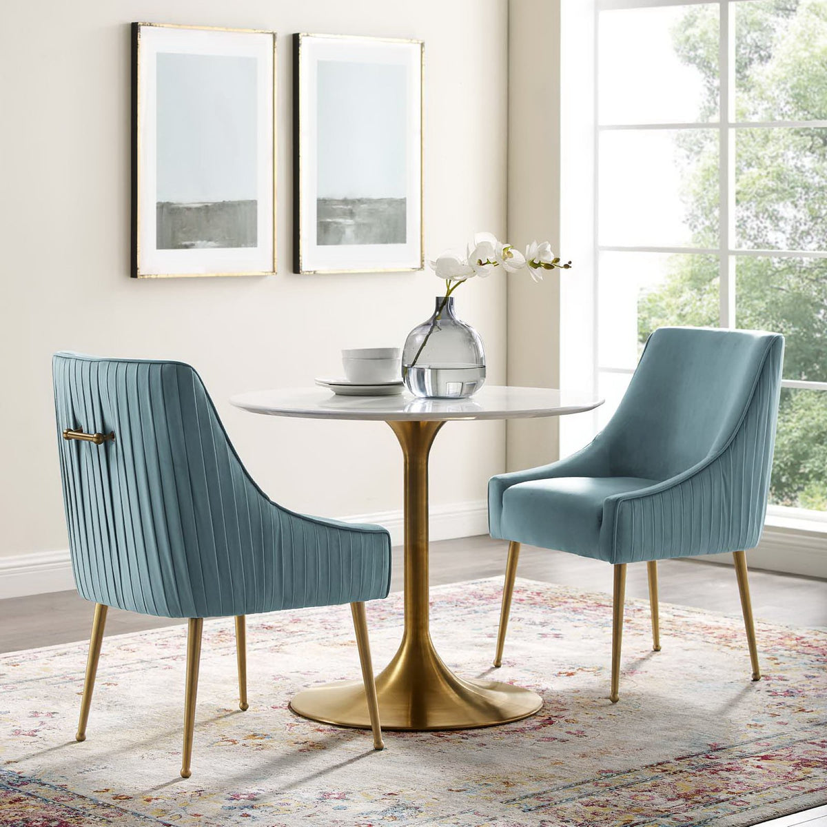 Discern Pleated Back Upholstered Performance Velvet Dining Chair Set of 2 - Light Blue