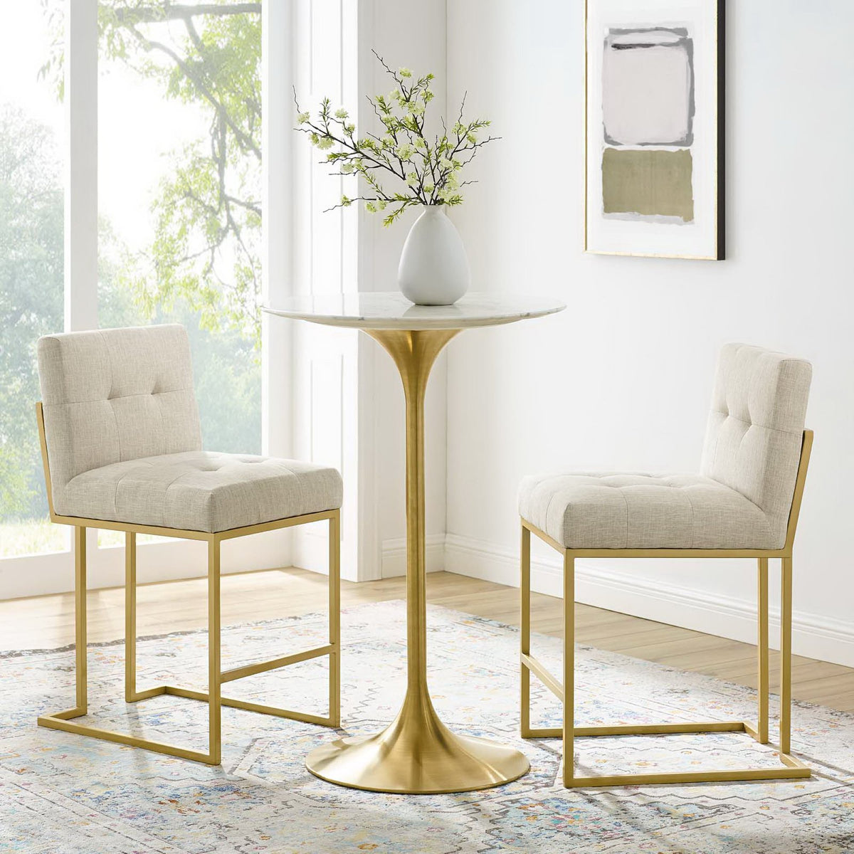 Privy Gold Stainless Steel Upholstered Fabric Counter Stool Set of 2 - Gold Beige