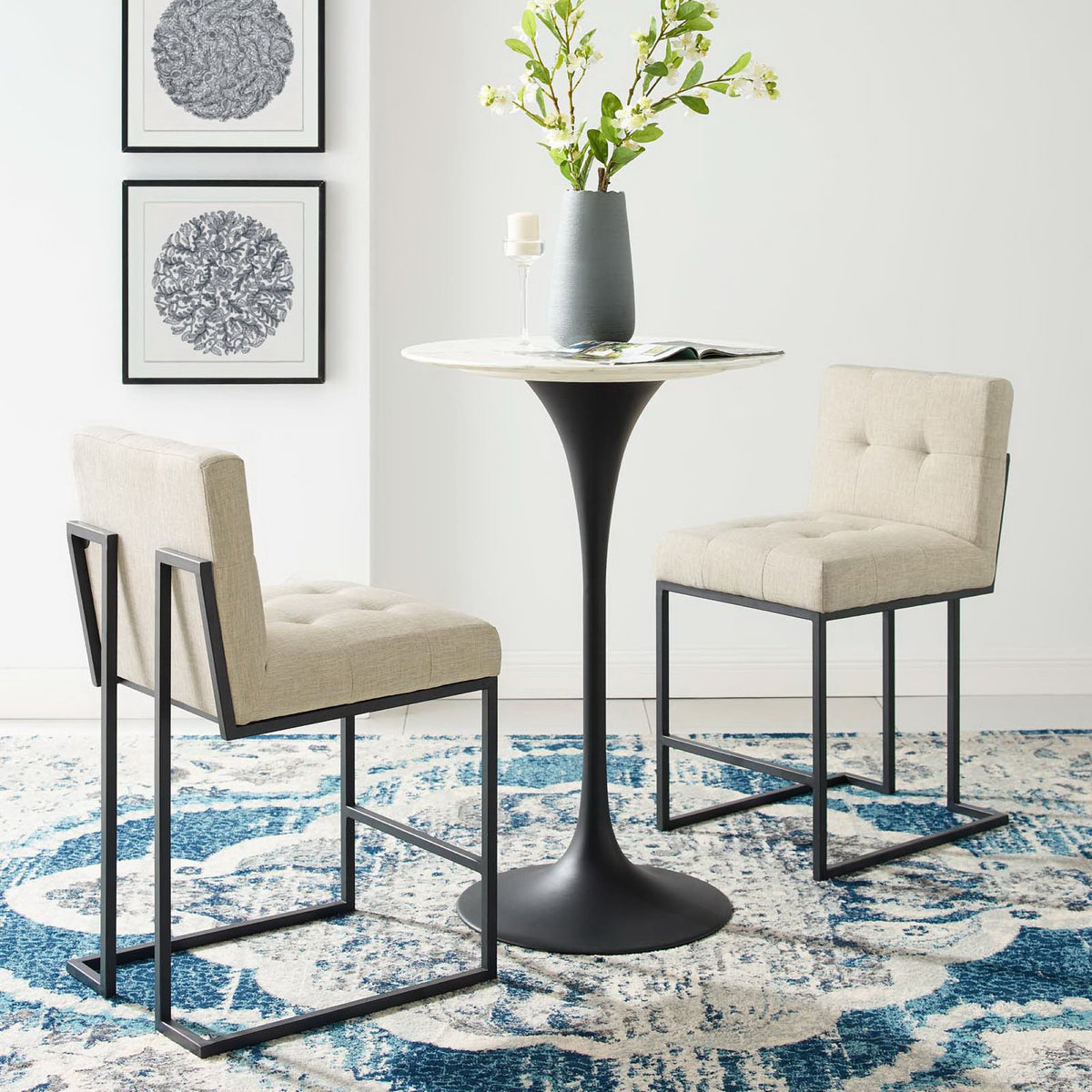 Privy Black Stainless Steel Upholstered Fabric Counter Stool Set of 2 - Black Beige