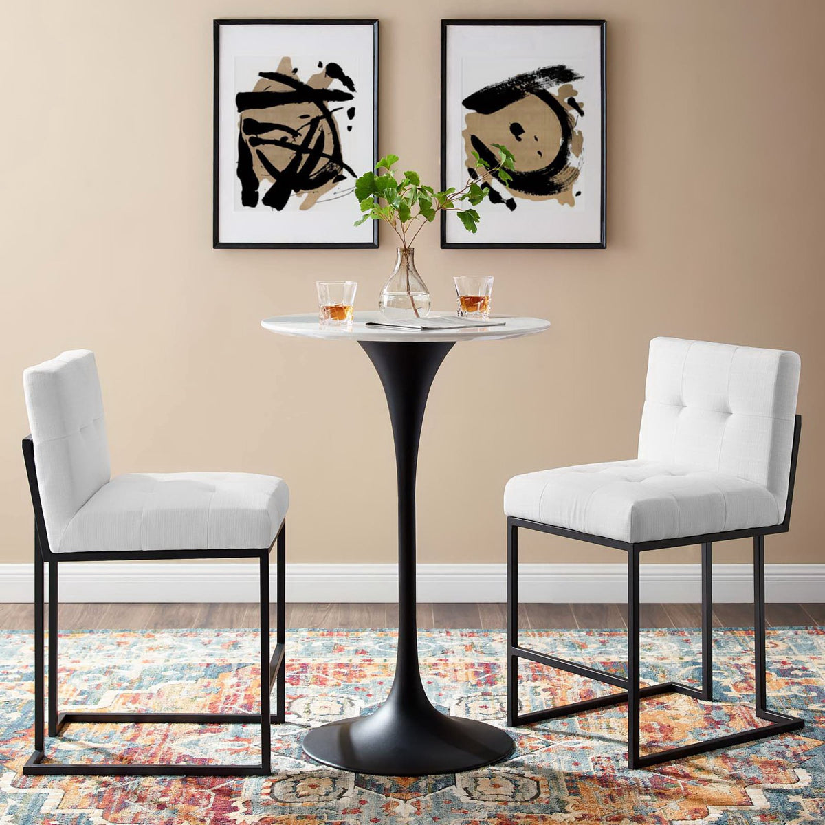 Privy Black Stainless Steel Upholstered Fabric Counter Stool Set of 2 - Black White