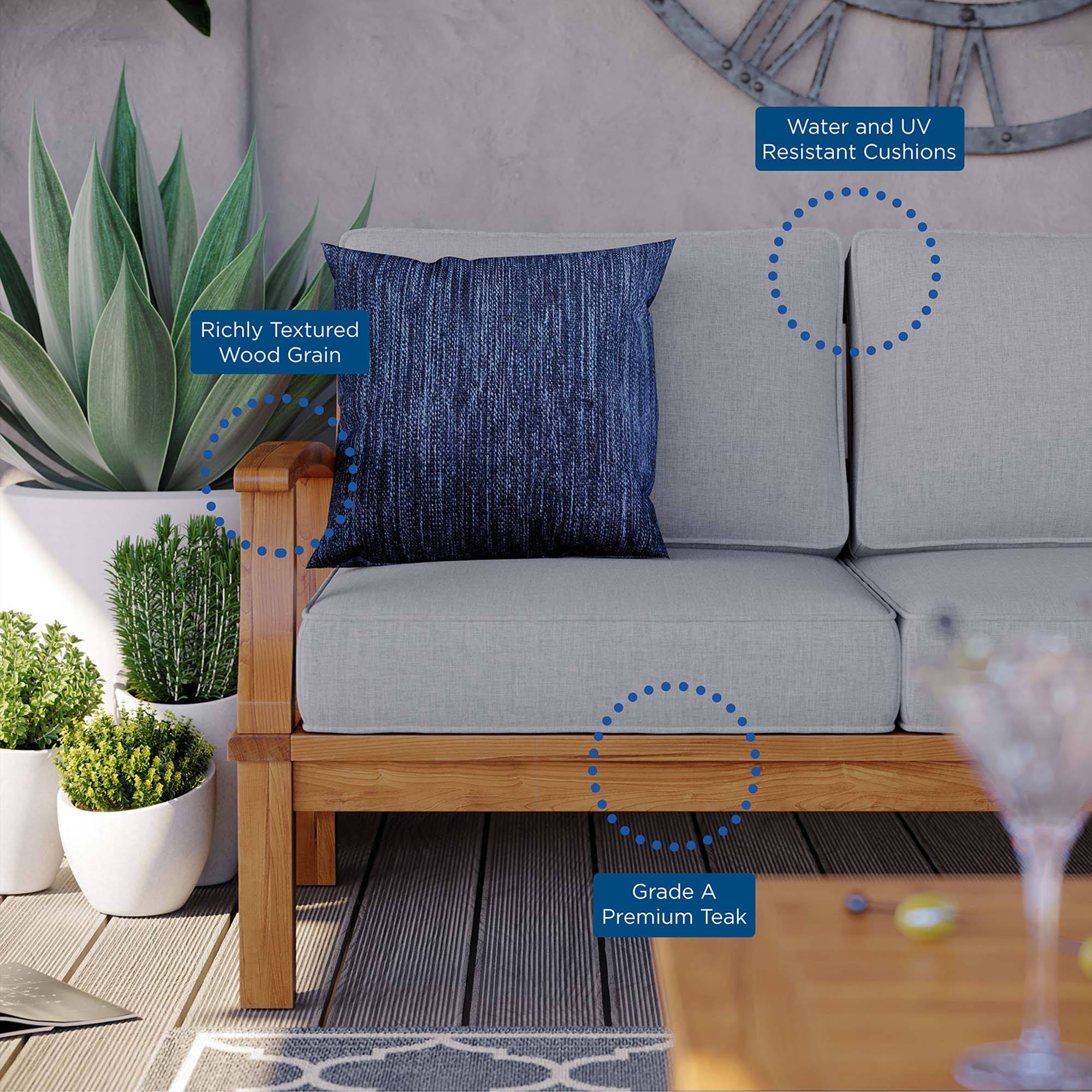 Marina Outdoor Patio Teak Sofa - Natural Gray