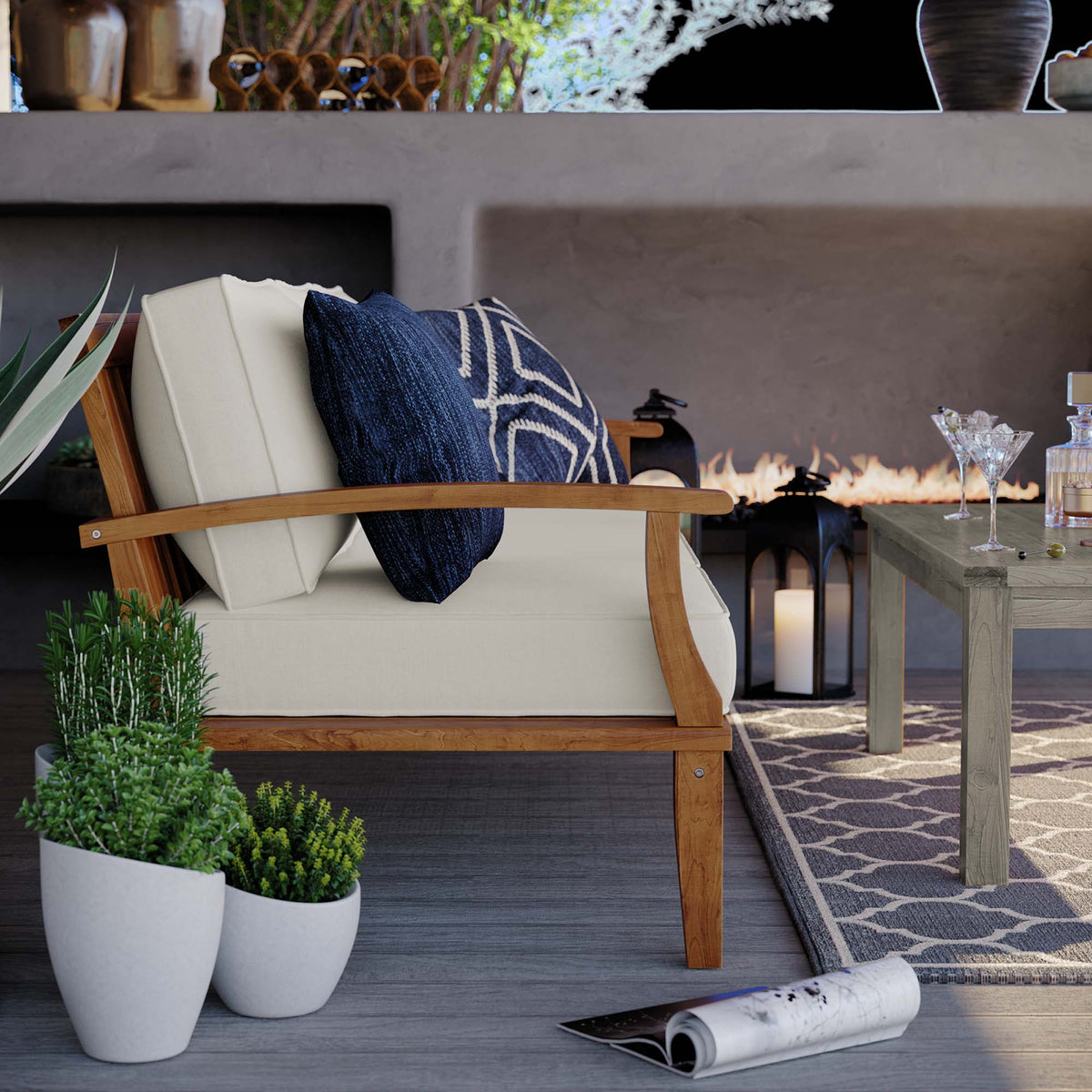 Marina Outdoor Patio Teak Sofa - Natural White
