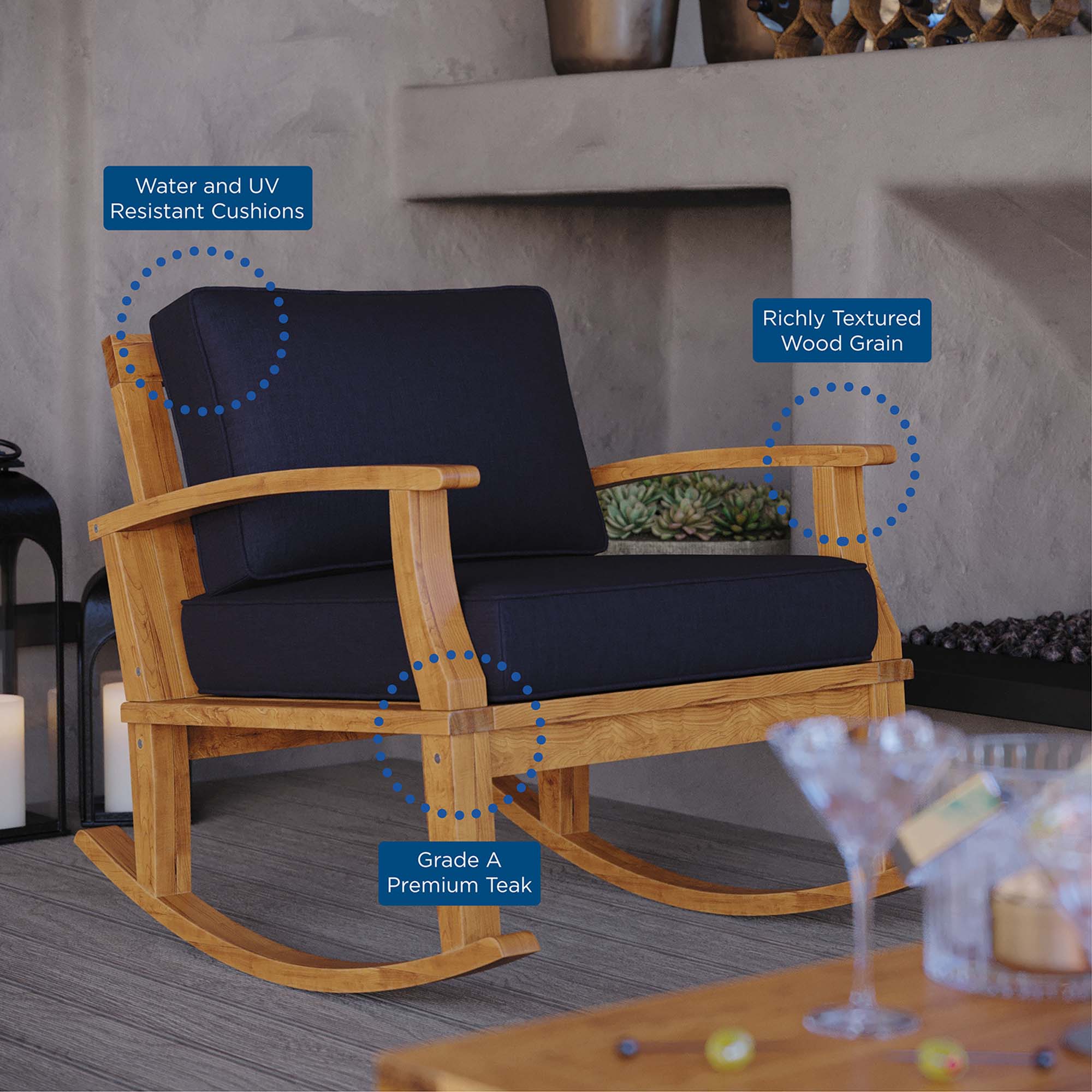 Marina Outdoor Patio Teak Rocking Chair - Natural Navy