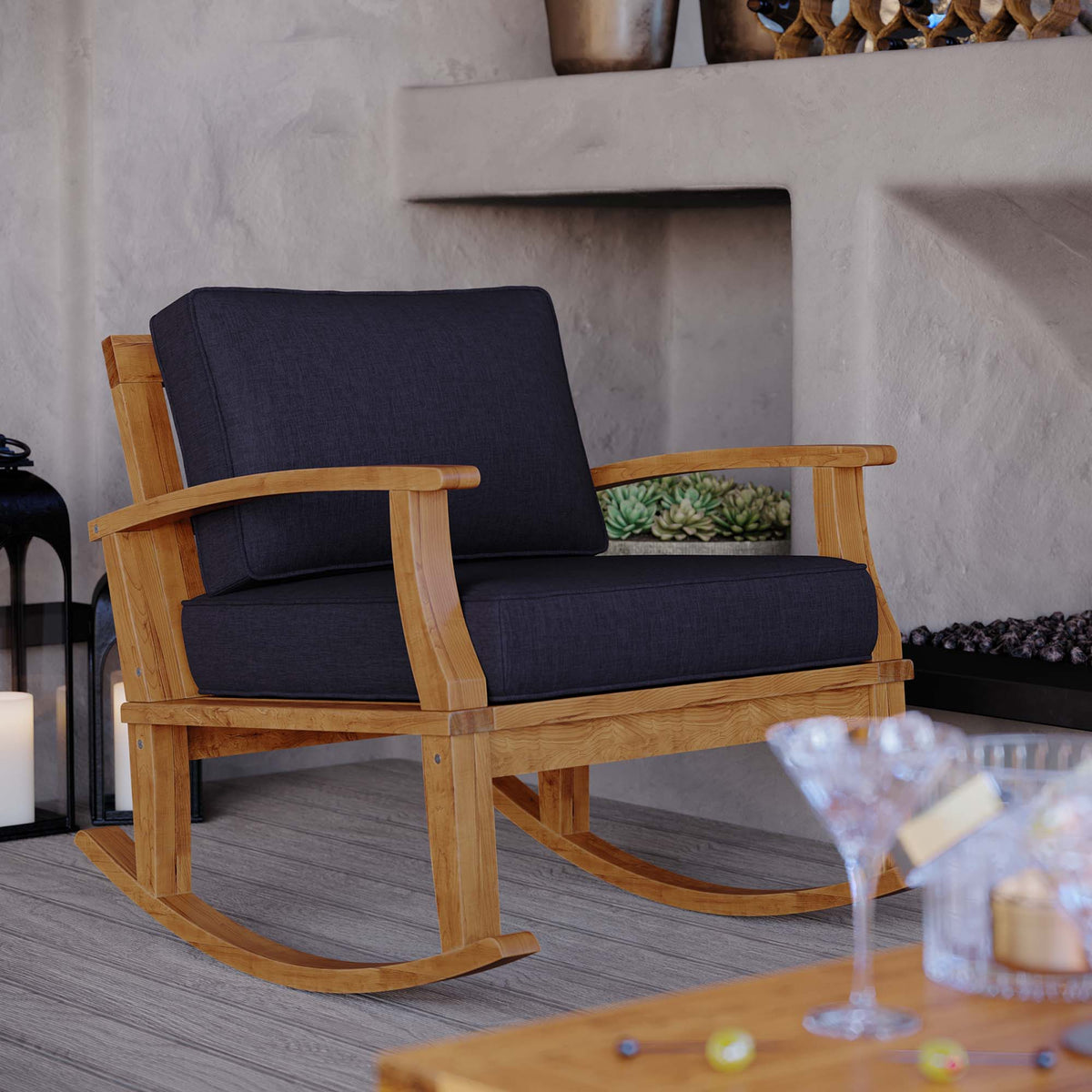 Marina Outdoor Patio Teak Rocking Chair - Natural Navy