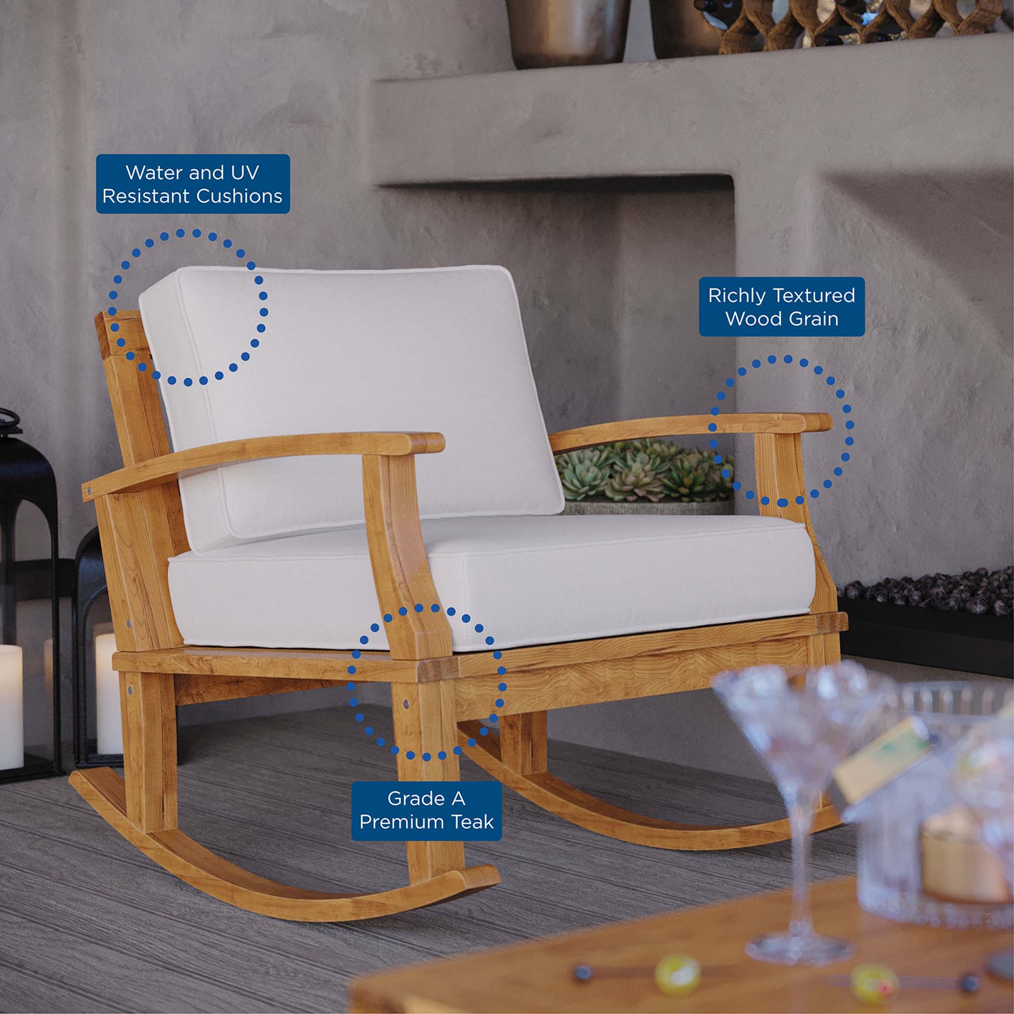 Marina Outdoor Patio Teak Rocking Chair - Natural White