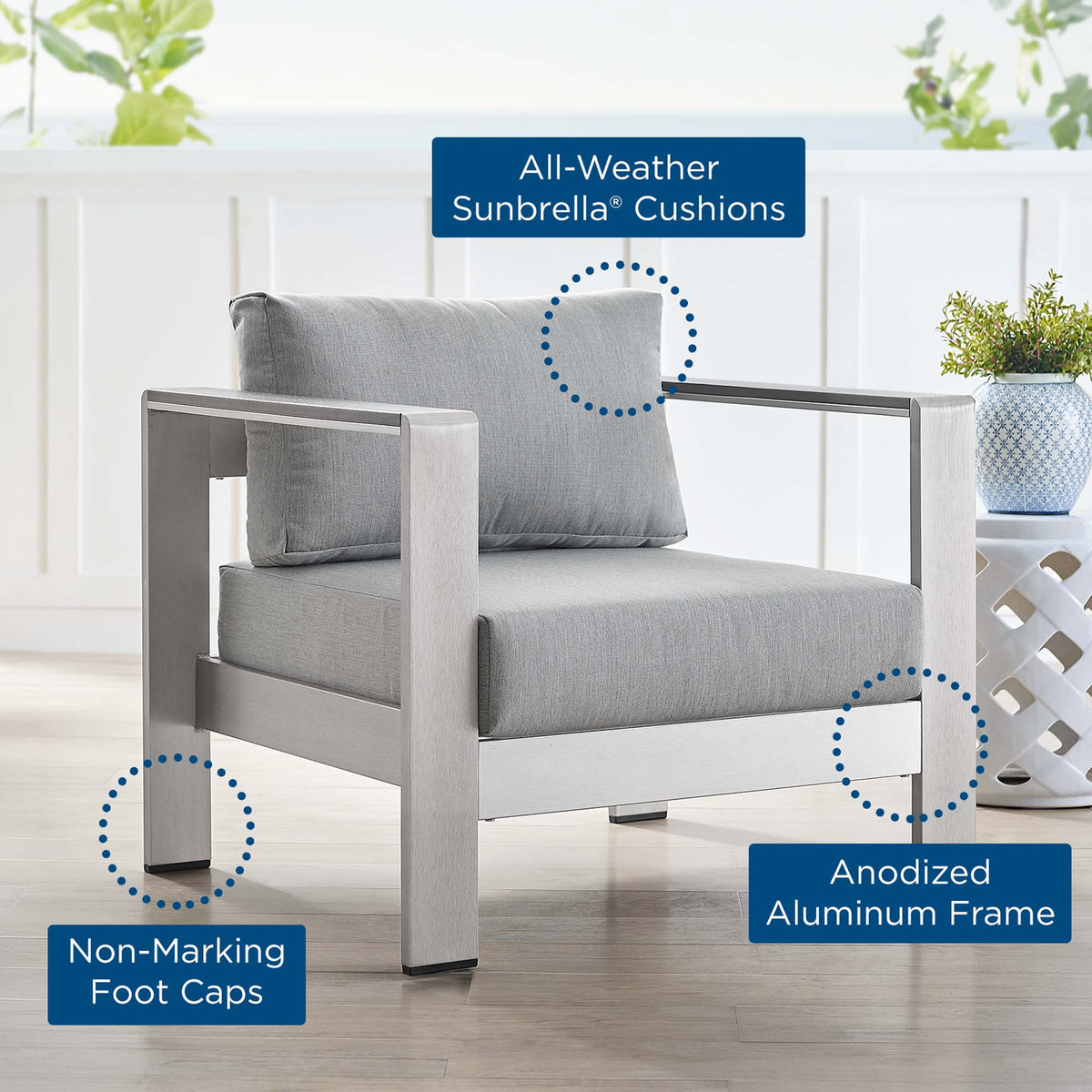 Shore Sunbrella Fabric Aluminum Outdoor Patio Armchair - Silver Gray