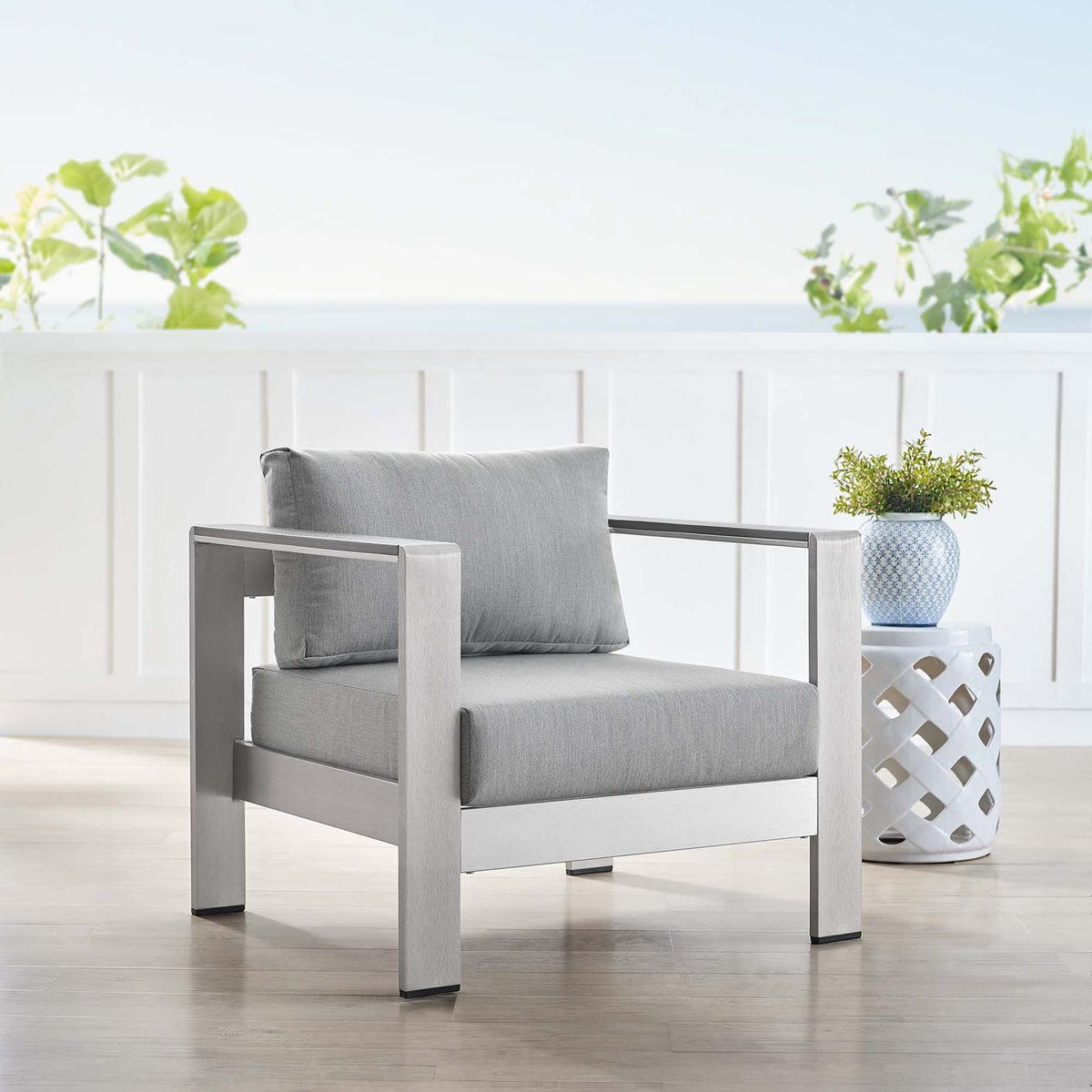 Shore Sunbrella Fabric Aluminum Outdoor Patio Armchair - Silver Gray