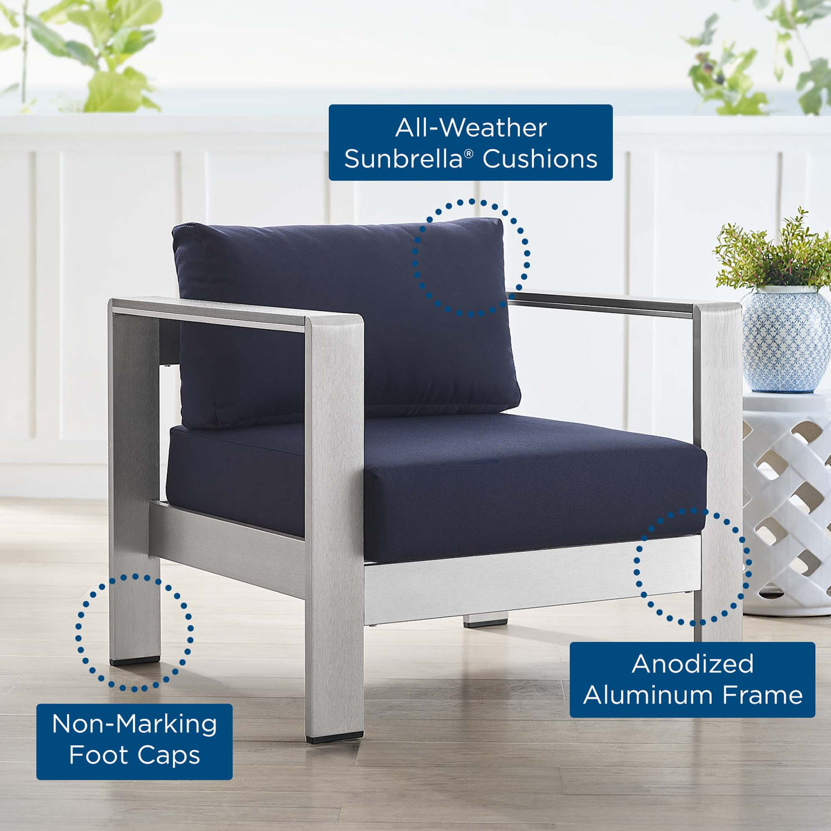 Shore Sunbrella Fabric Aluminum Outdoor Patio Armchair - Silver Navy