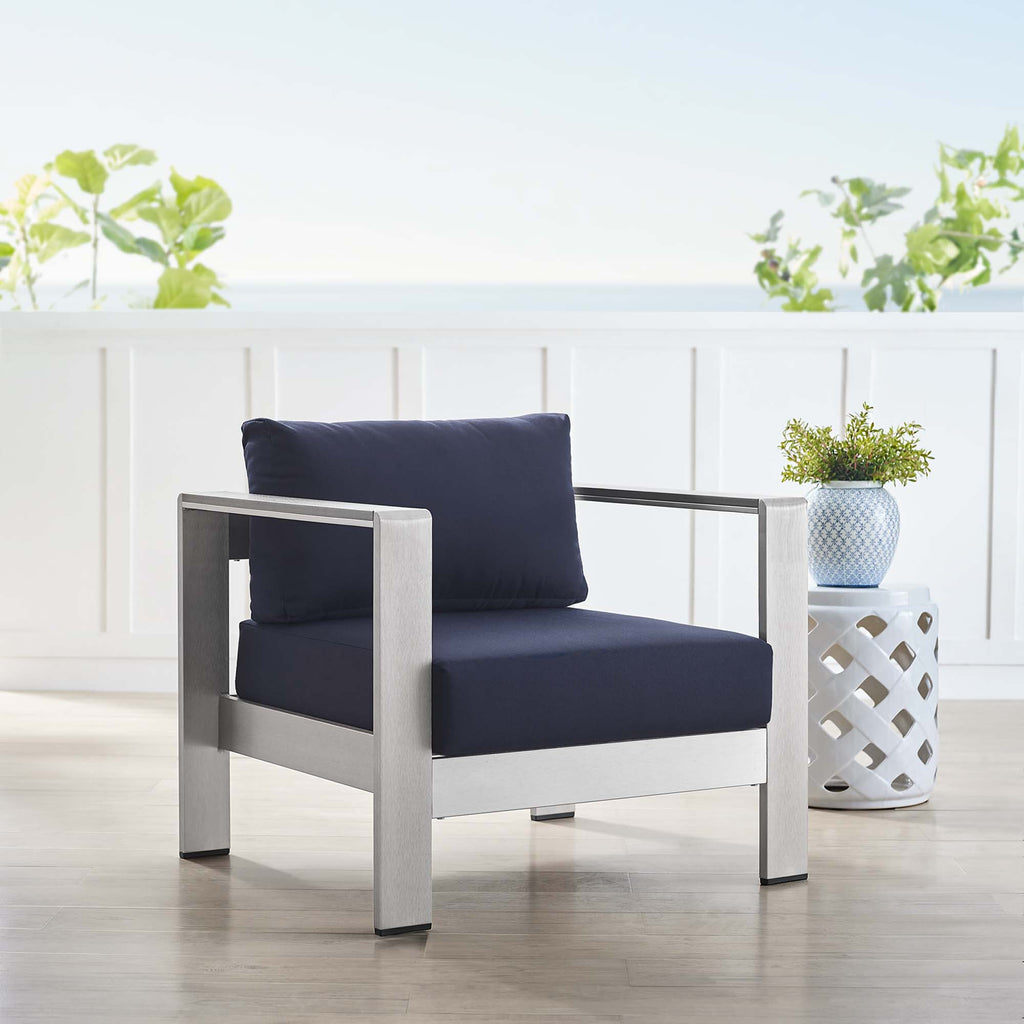 Shore Sunbrella Fabric Aluminum Outdoor Patio Armchair - Silver Navy