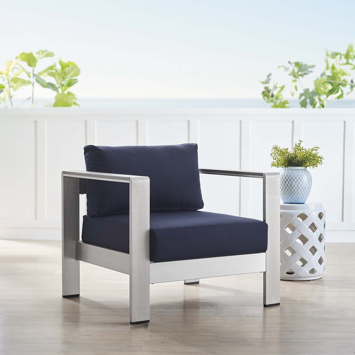 Shore Sunbrella Fabric Aluminum Outdoor Patio Armchair - Silver Navy
