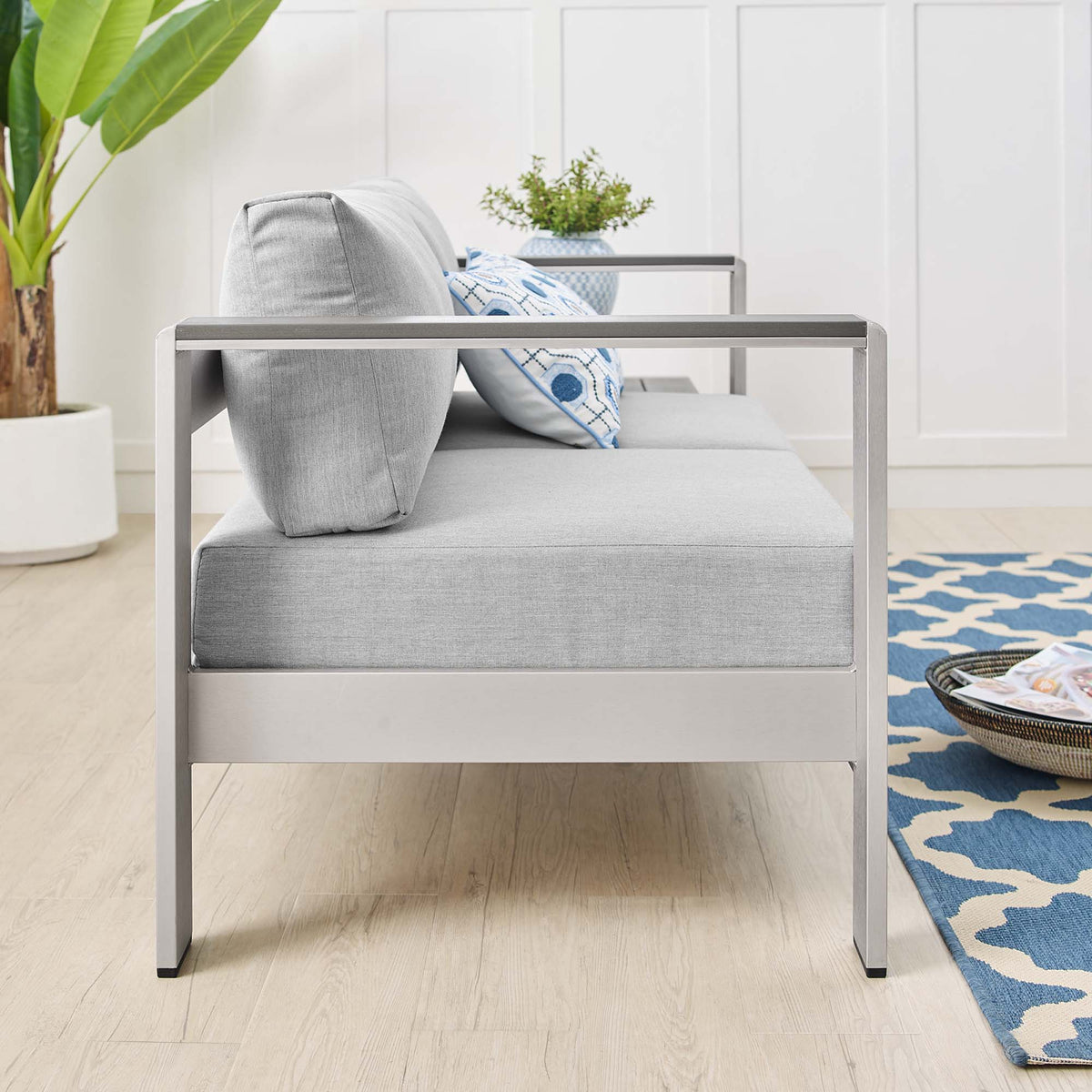 Shore Sunbrella Fabric Aluminum Outdoor Patio Loveseat - Silver Gray