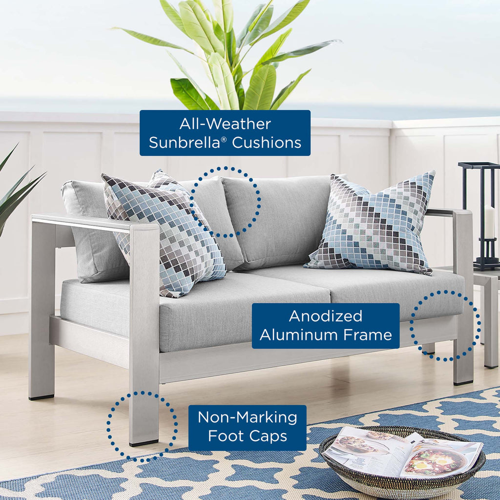 Shore Sunbrella Fabric Aluminum Outdoor Patio Loveseat - Silver Gray