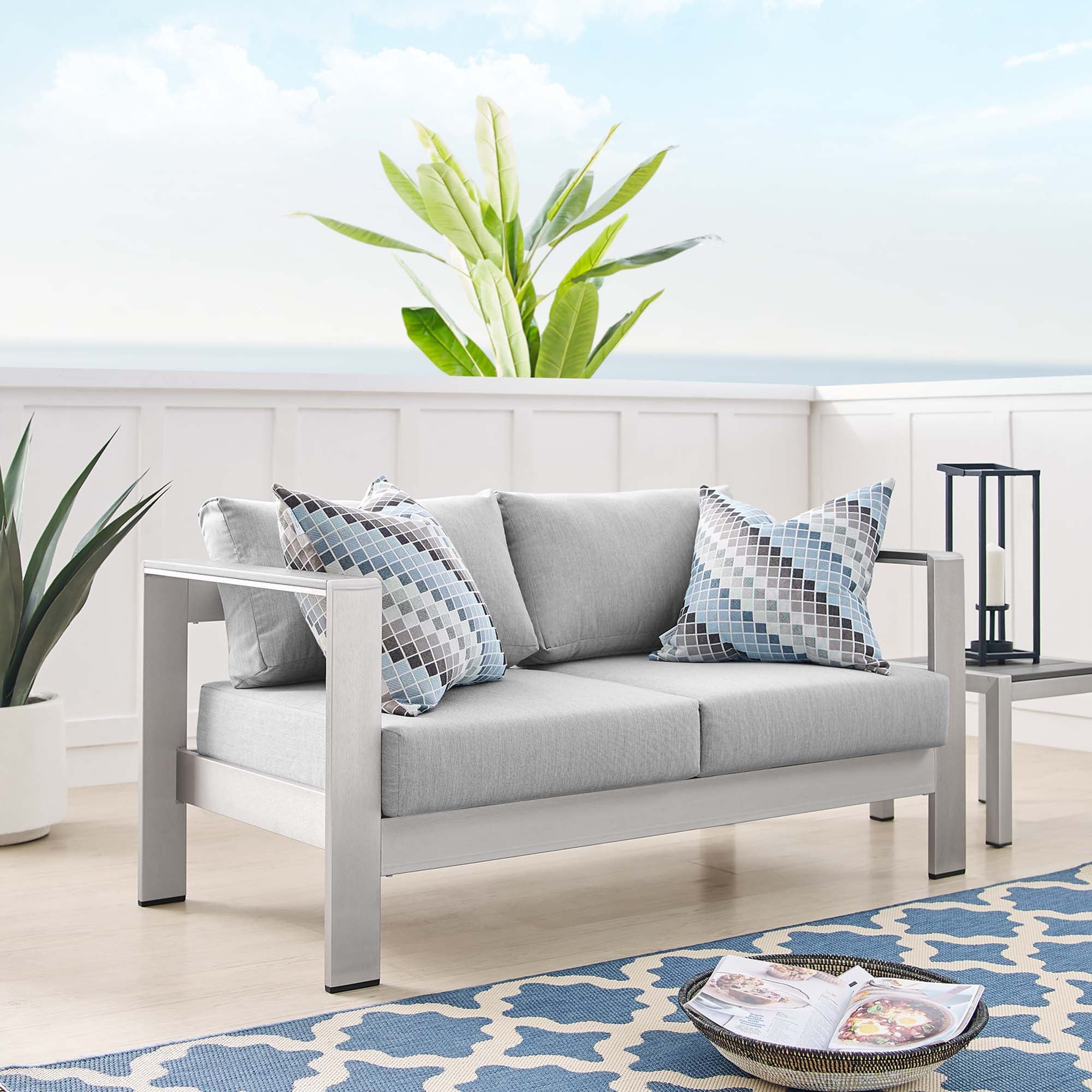 Shore Sunbrella Fabric Aluminum Outdoor Patio Loveseat - Silver Gray