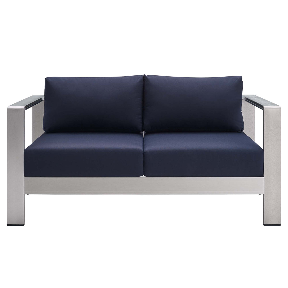 Shore Sunbrella Fabric Aluminum Outdoor Patio Loveseat - Silver Navy