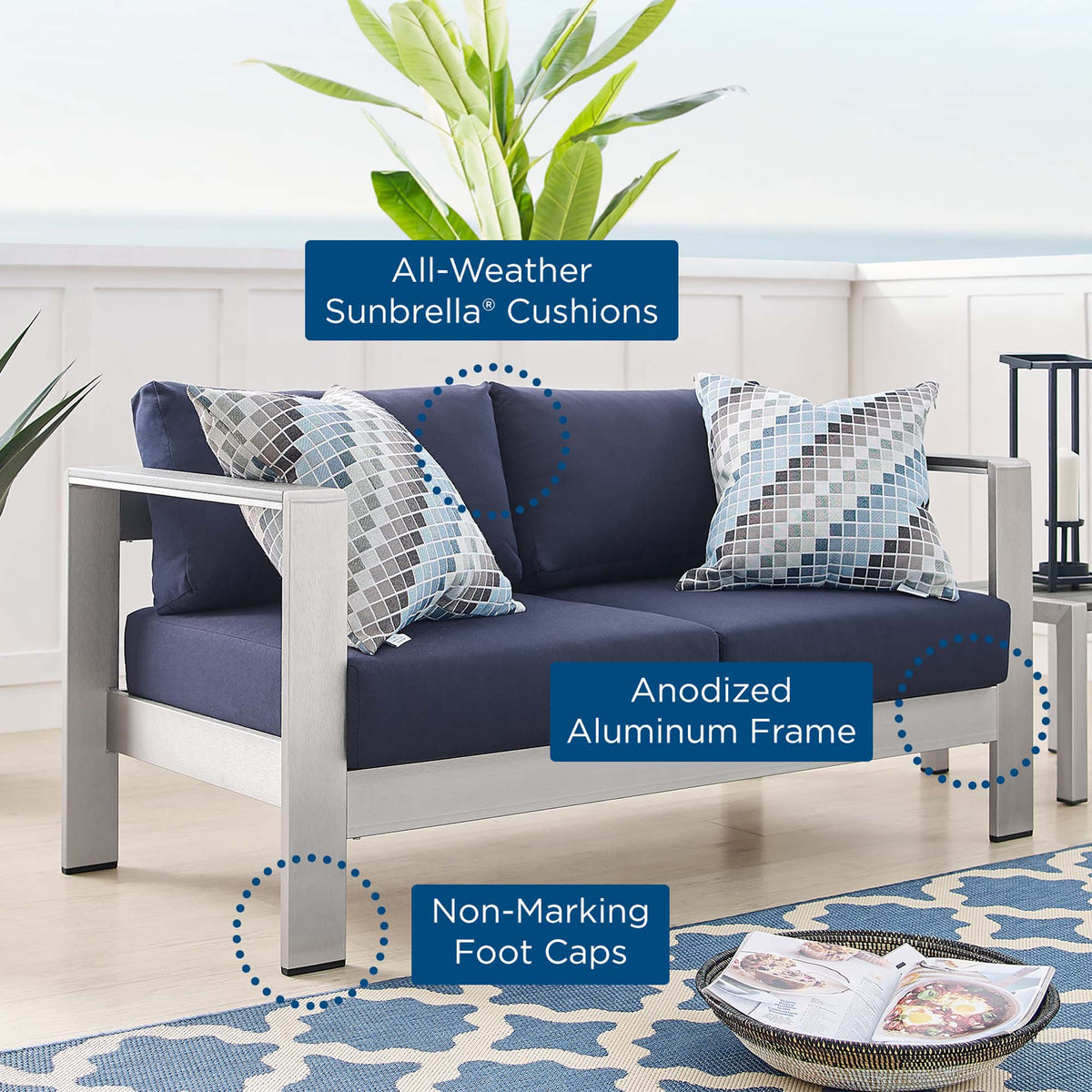 Shore Sunbrella Fabric Aluminum Outdoor Patio Loveseat - Silver Navy