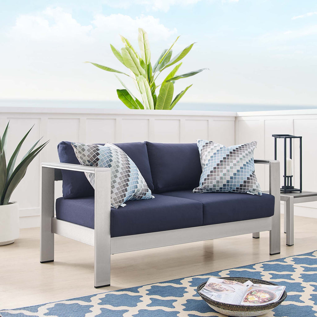 Shore Sunbrella Fabric Aluminum Outdoor Patio Loveseat - Silver Navy