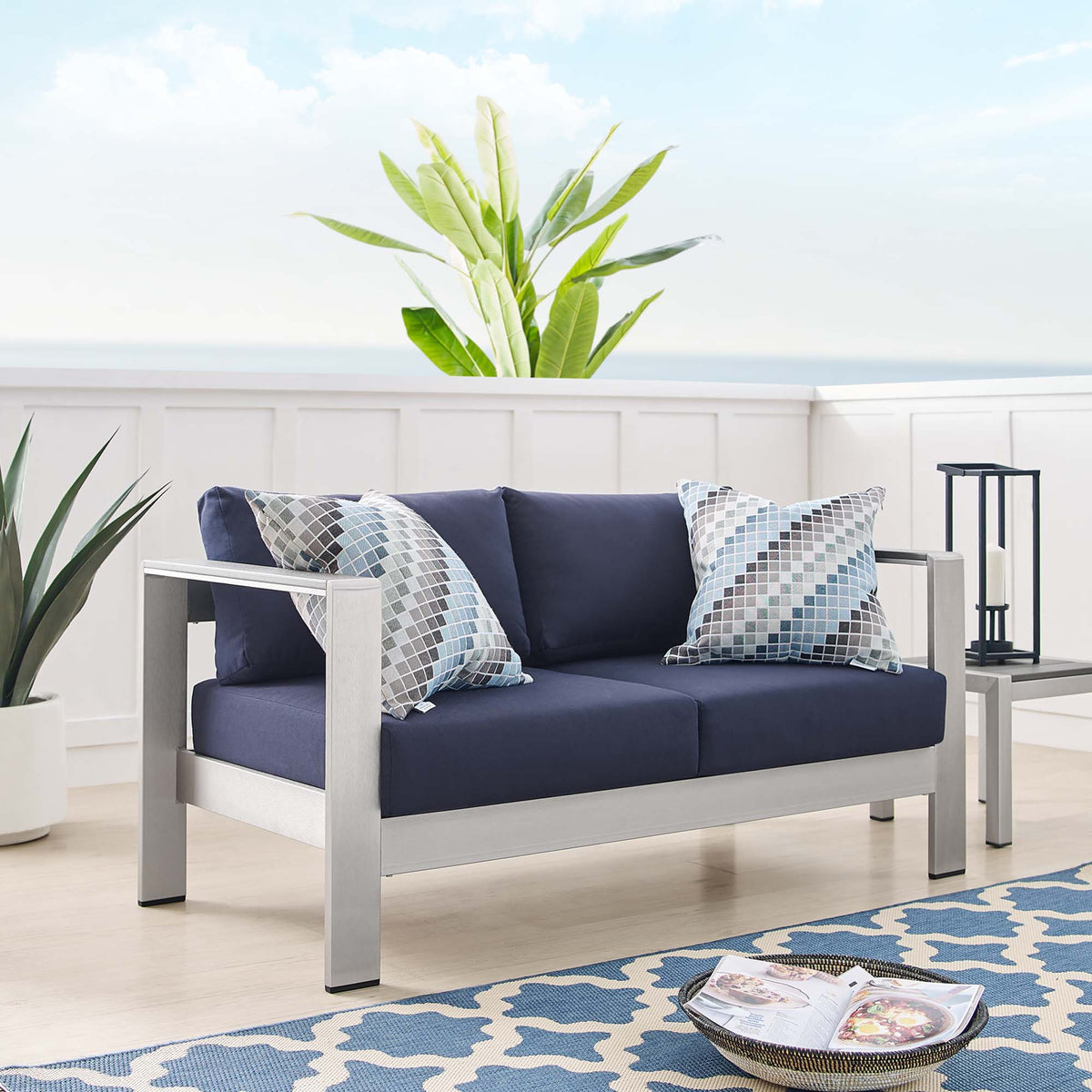 Shore Sunbrella Fabric Aluminum Outdoor Patio Loveseat - Silver Navy