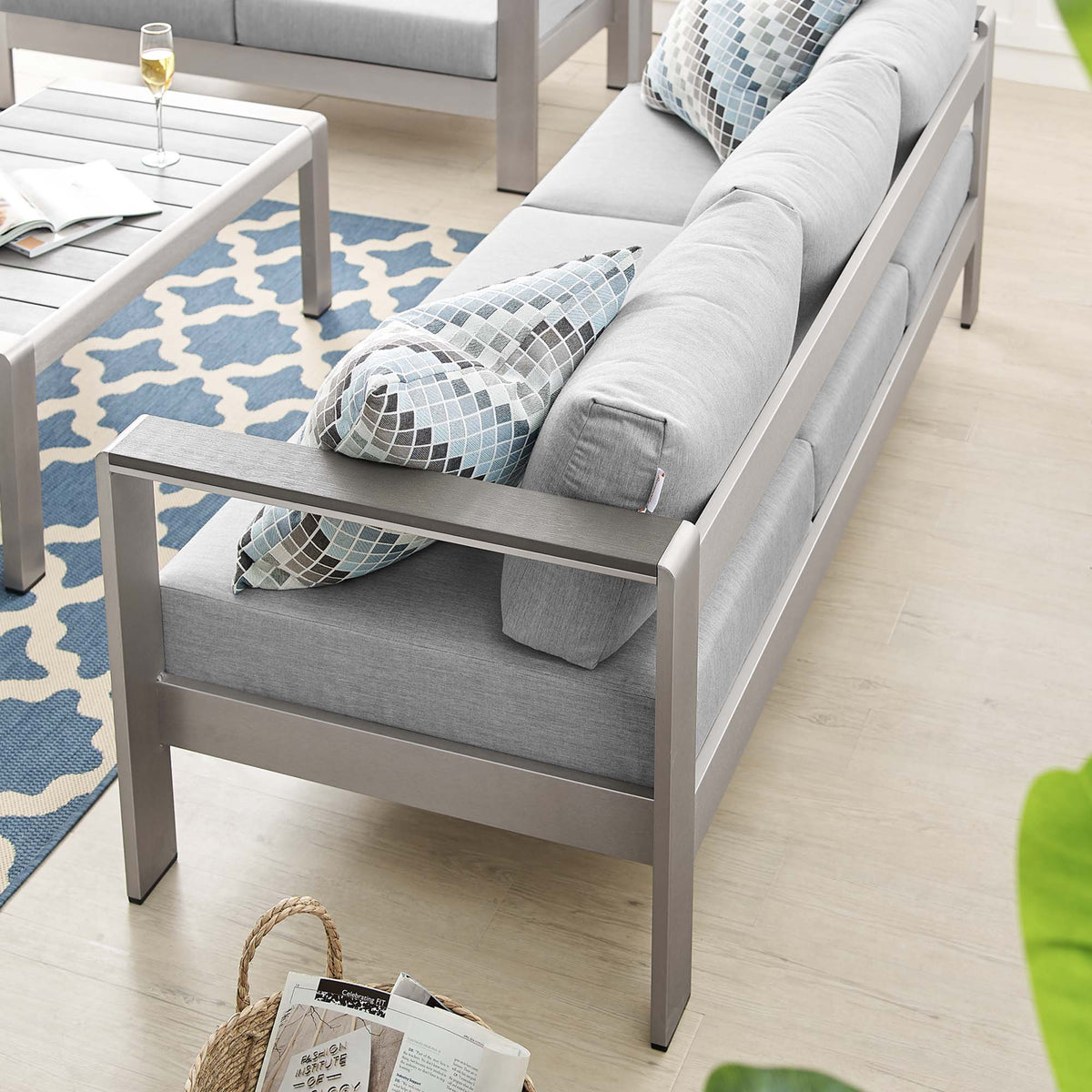 Shore Sunbrella Fabric Aluminum Outdoor Patio Sofa - Silver Gray