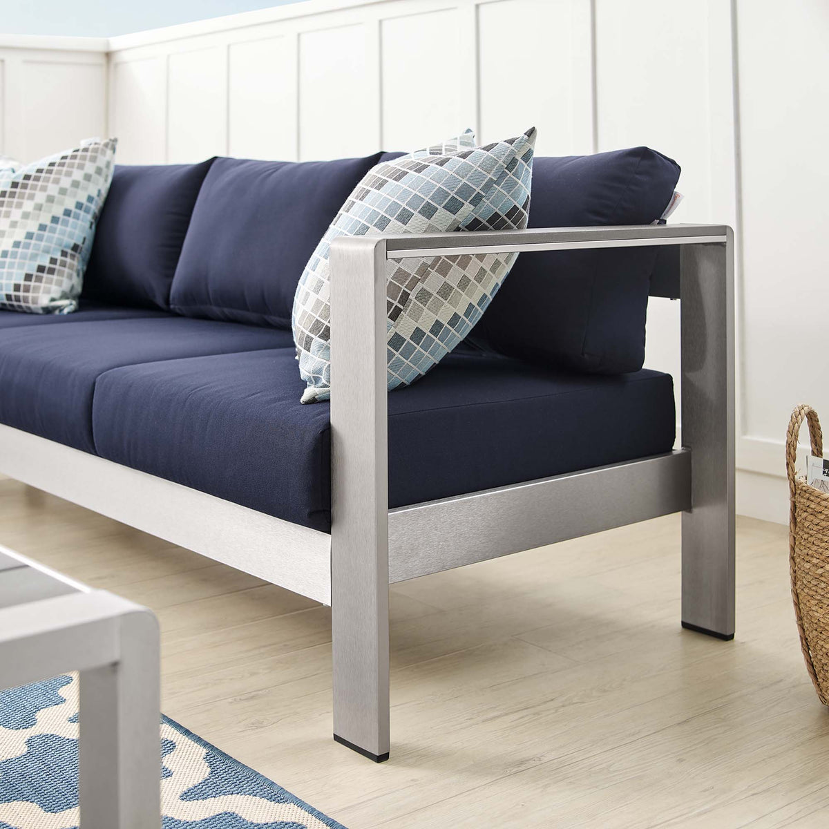 Shore Sunbrella Fabric Aluminum Outdoor Patio Sofa - Silver Navy