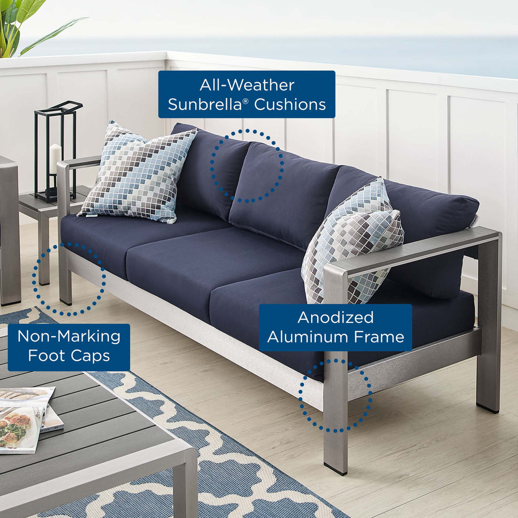 Shore Sunbrella Fabric Aluminum Outdoor Patio Sofa - Silver Navy
