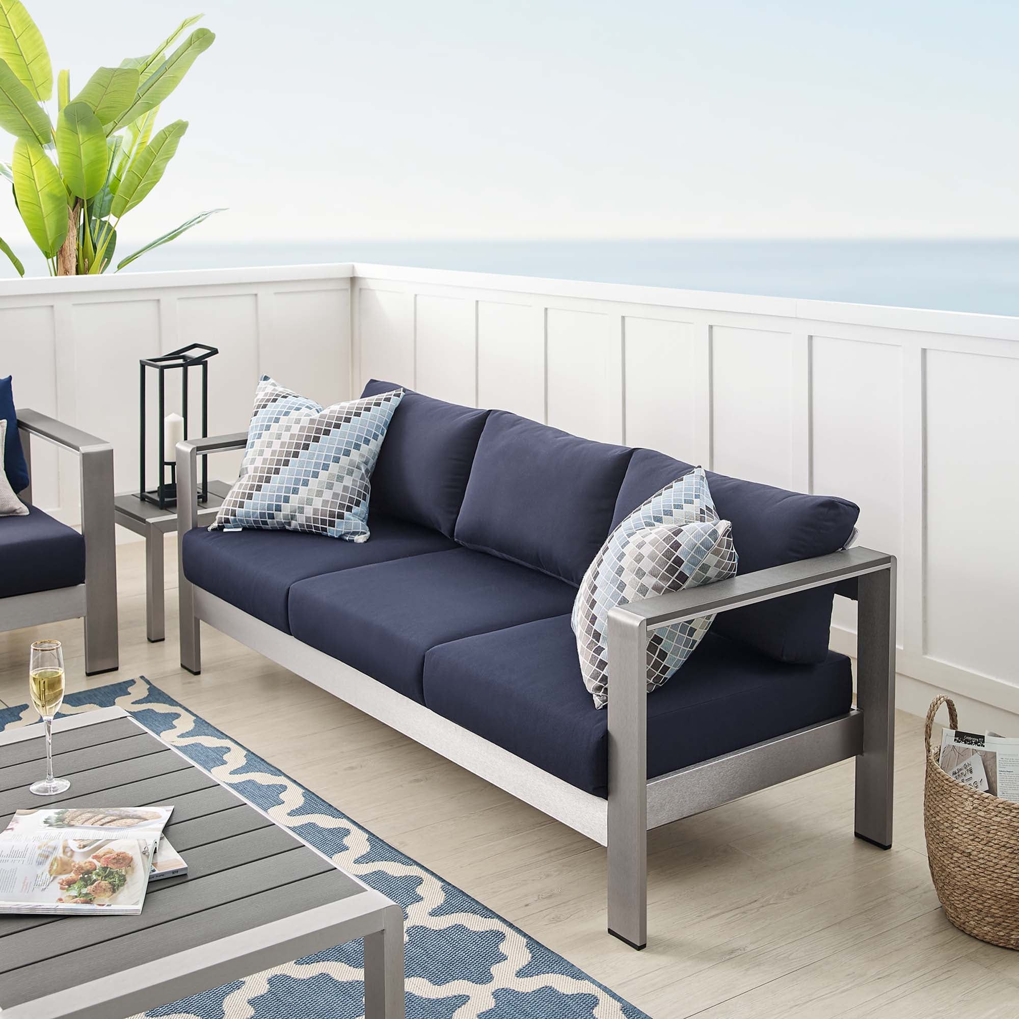 Shore Sunbrella Fabric Aluminum Outdoor Patio Sofa - Silver Navy