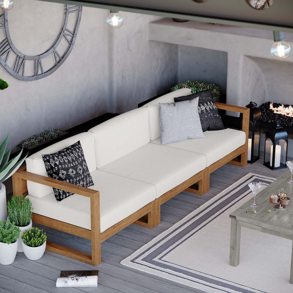 Upland 3-Piece Outdoor Patio Teak Wood Sectional Sofa Set - Natural White (Armless Chair, Left-Arm Chair, Right-Arm Chair)