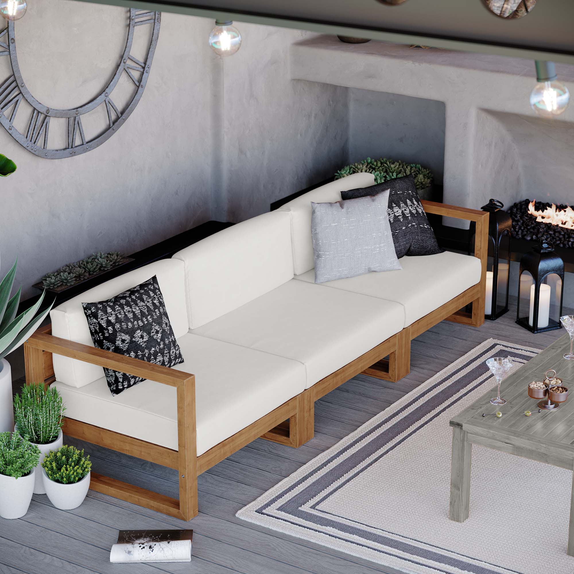 Upland 3-Piece Outdoor Patio Teak Wood Sectional Sofa Set - Natural White (Armless Chair, Left-Arm Chair, Right-Arm Chair)