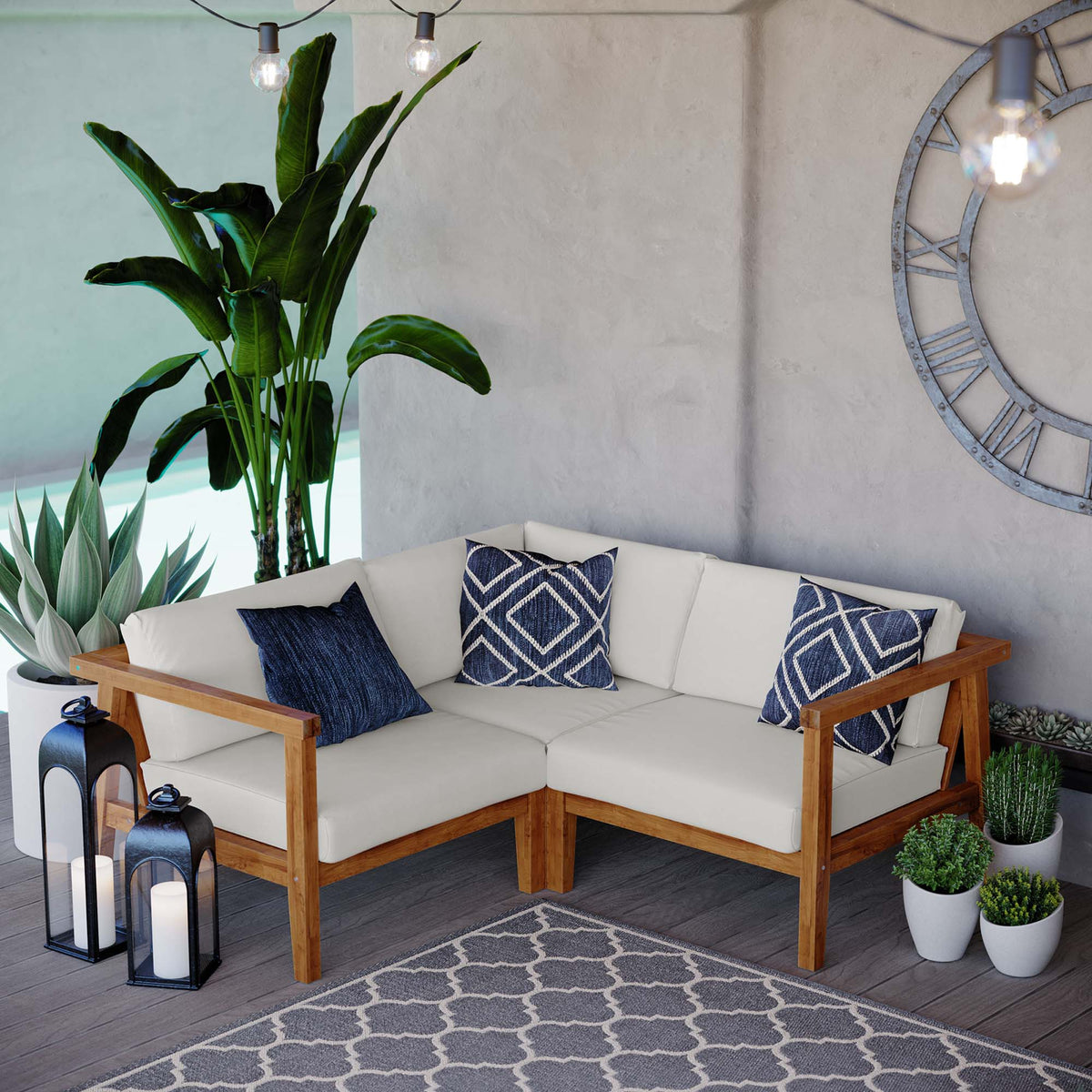Bayport 3-Piece Outdoor Patio Teak Wood Sectional Sofa Set - Natural White