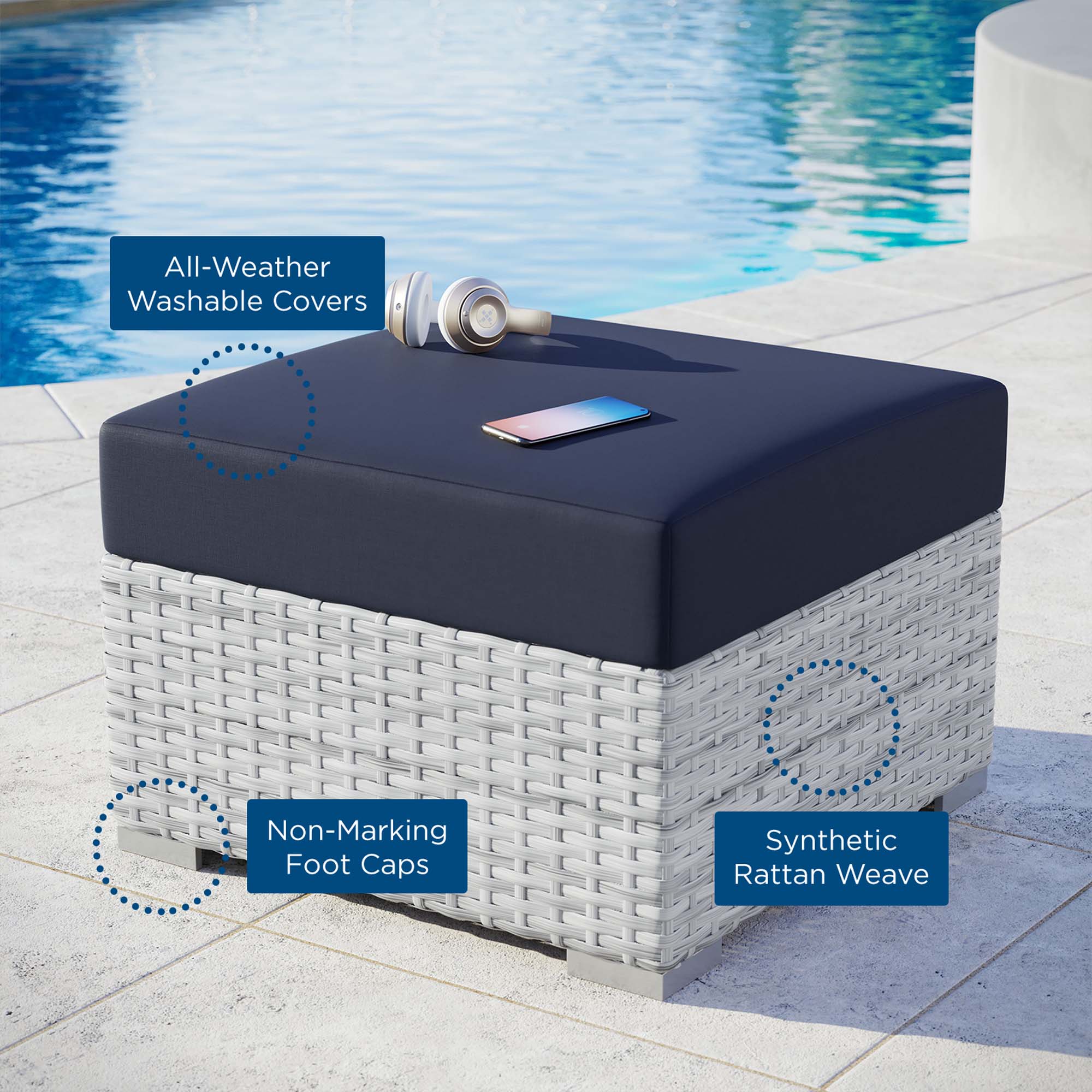 Convene Outdoor Patio Ottoman - Light Gray Navy