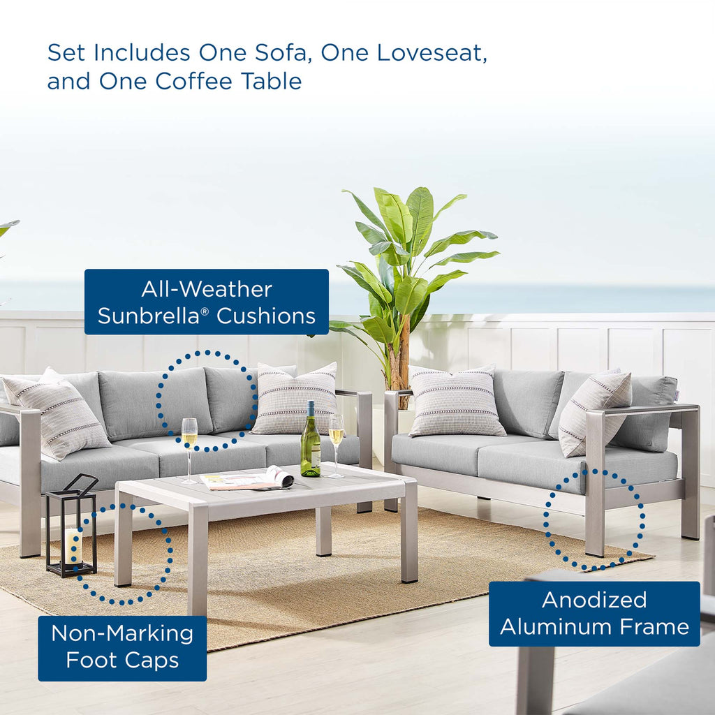 Shore 3 Piece Sunbrella Fabric Outdoor Patio Aluminum Set - Silver Gray