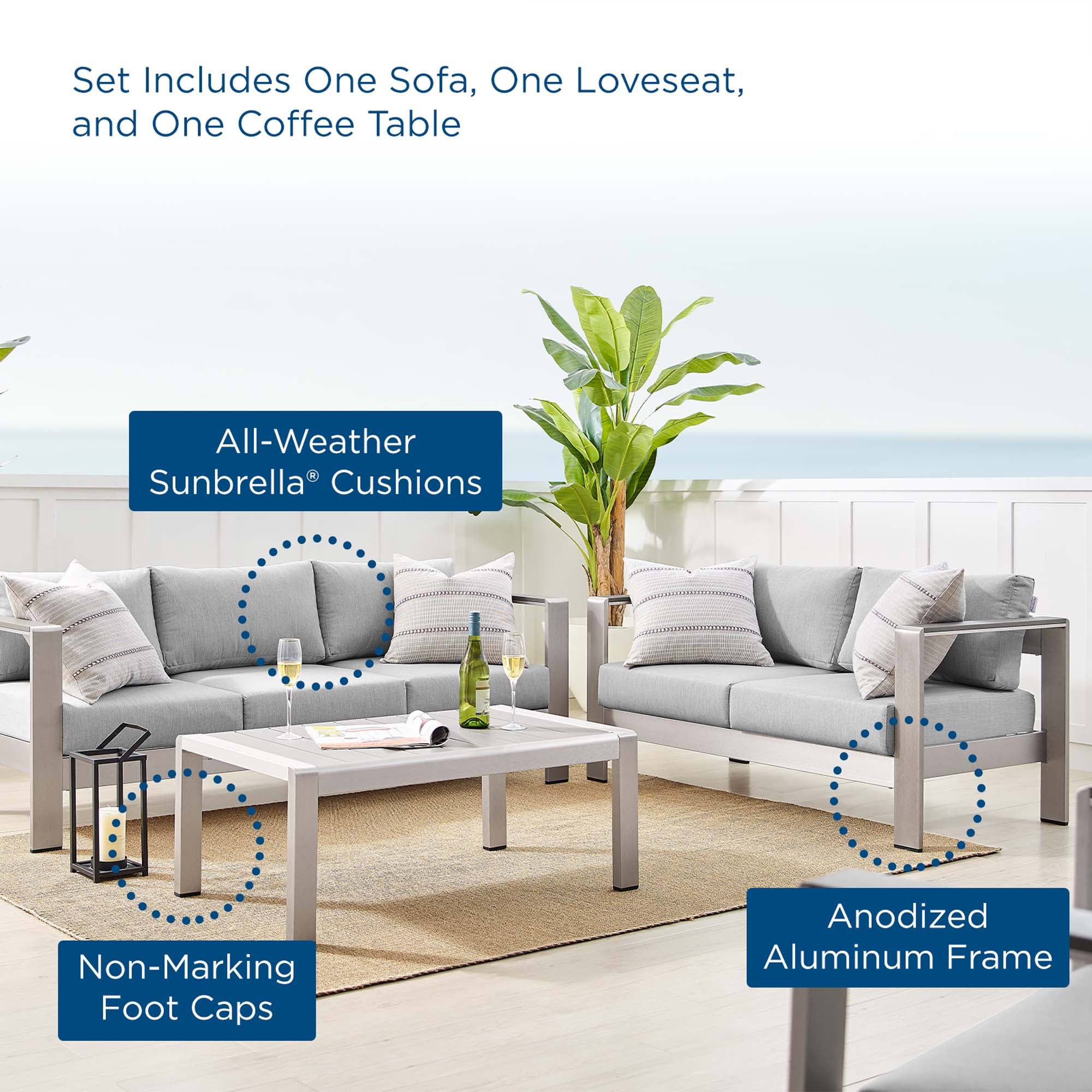 Shore 3 Piece Sunbrella Fabric Outdoor Patio Aluminum Set - Silver Gray