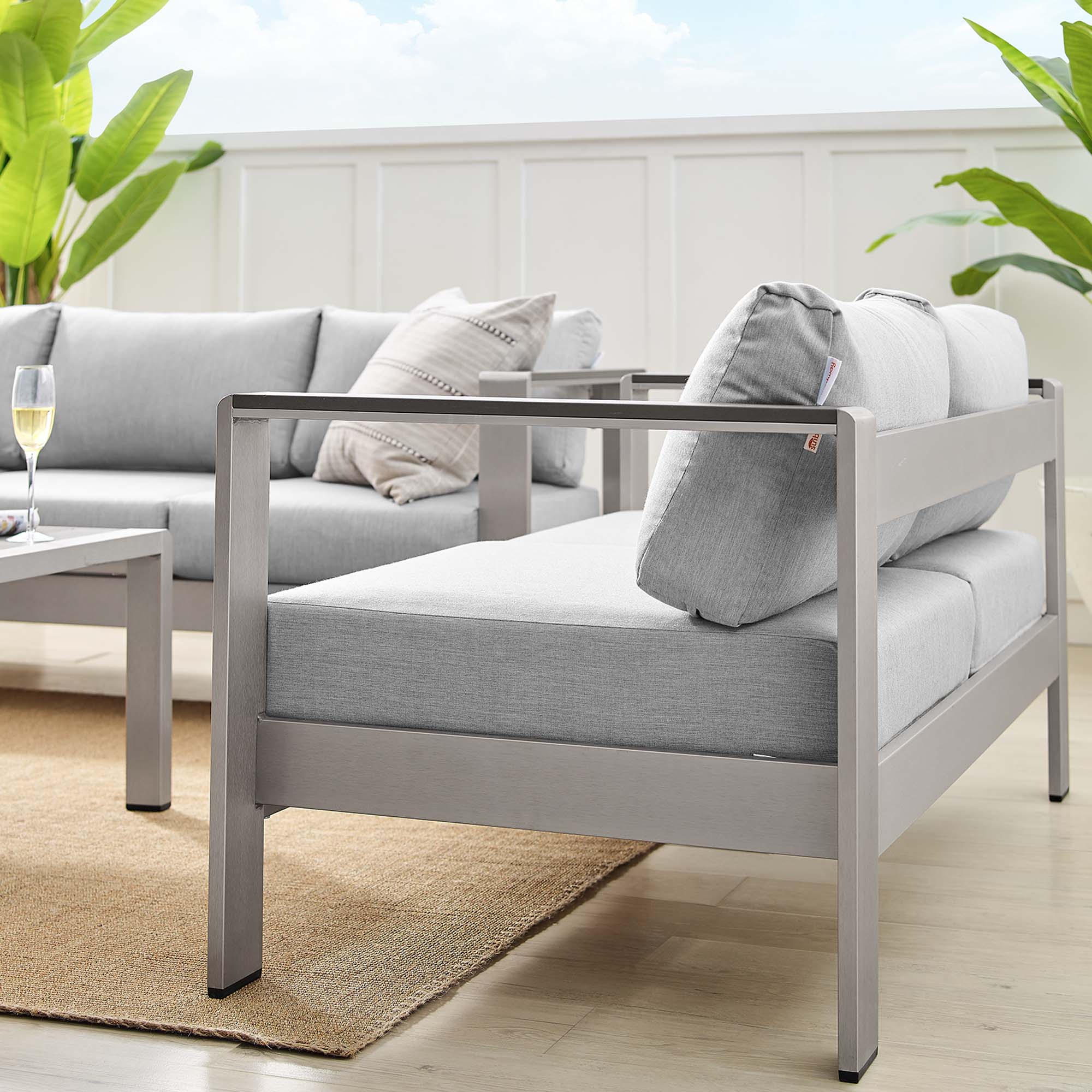 Shore 3 Piece Sunbrella Fabric Outdoor Patio Aluminum Set - Silver Gray