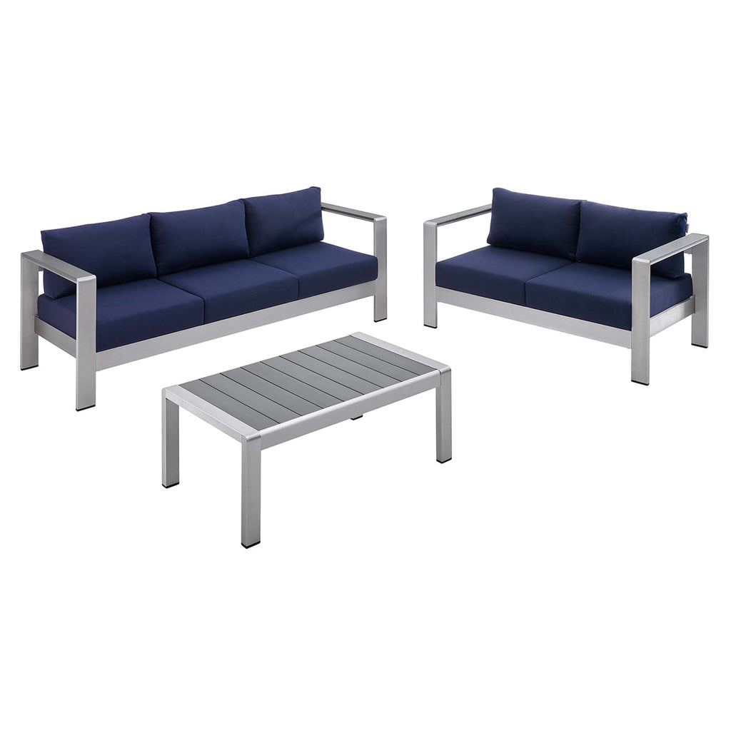 Shore 3 Piece Sunbrella Fabric Outdoor Patio Aluminum Set - Silver Navy