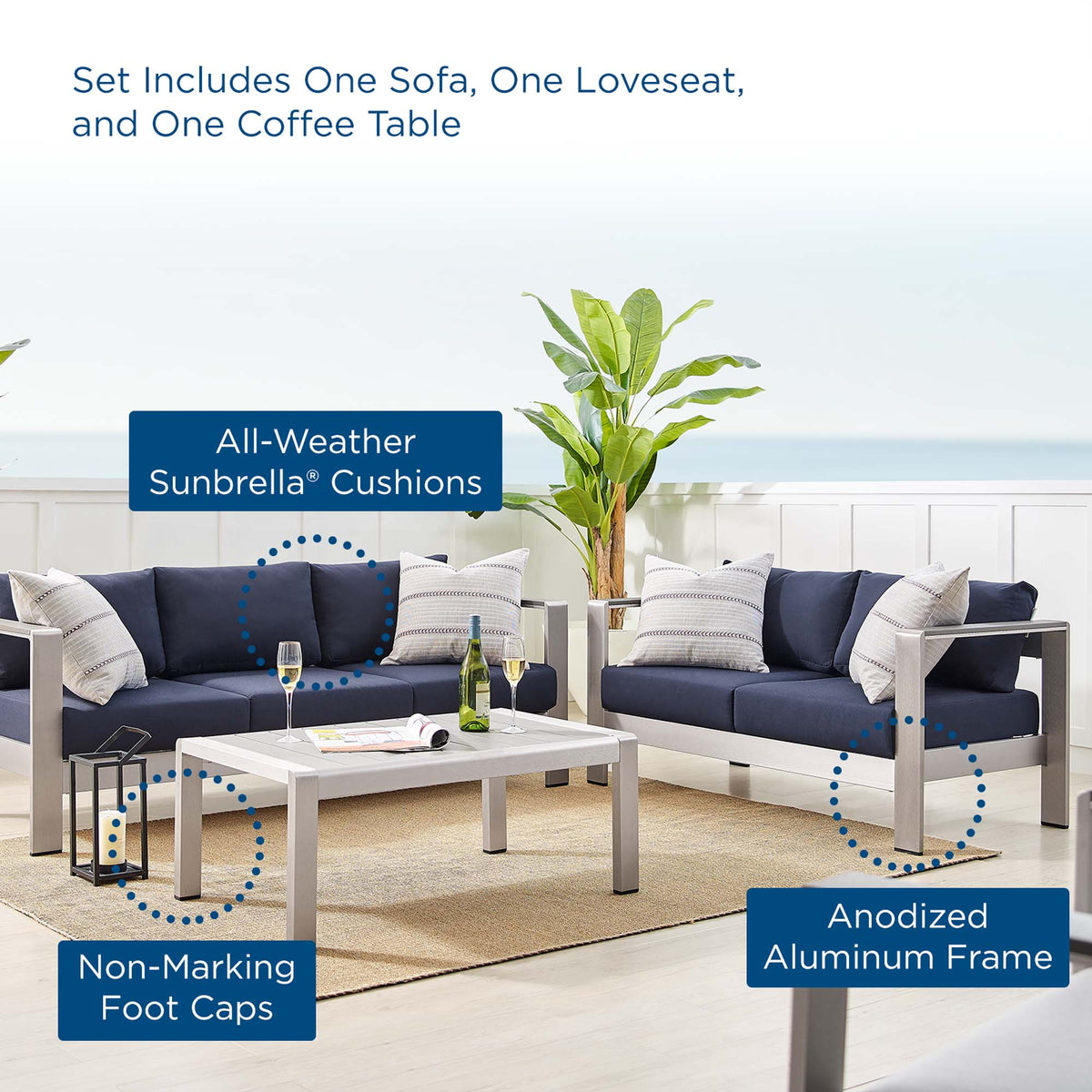 Shore 3 Piece Sunbrella Fabric Outdoor Patio Aluminum Set - Silver Navy