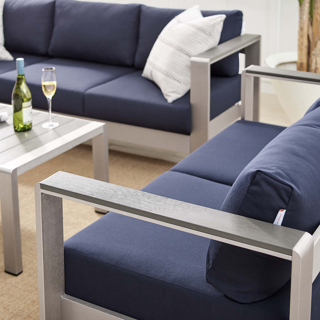 Shore 3 Piece Sunbrella Fabric Outdoor Patio Aluminum Set - Silver Navy