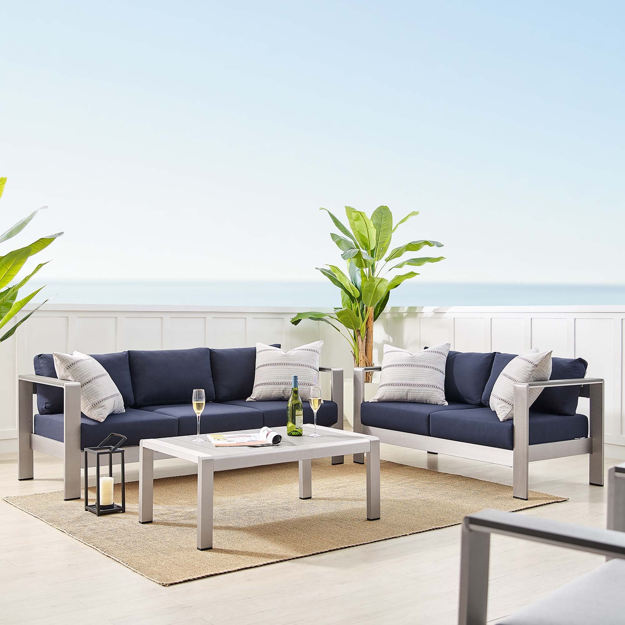 Shore 3 Piece Sunbrella Fabric Outdoor Patio Aluminum Set - Silver Navy