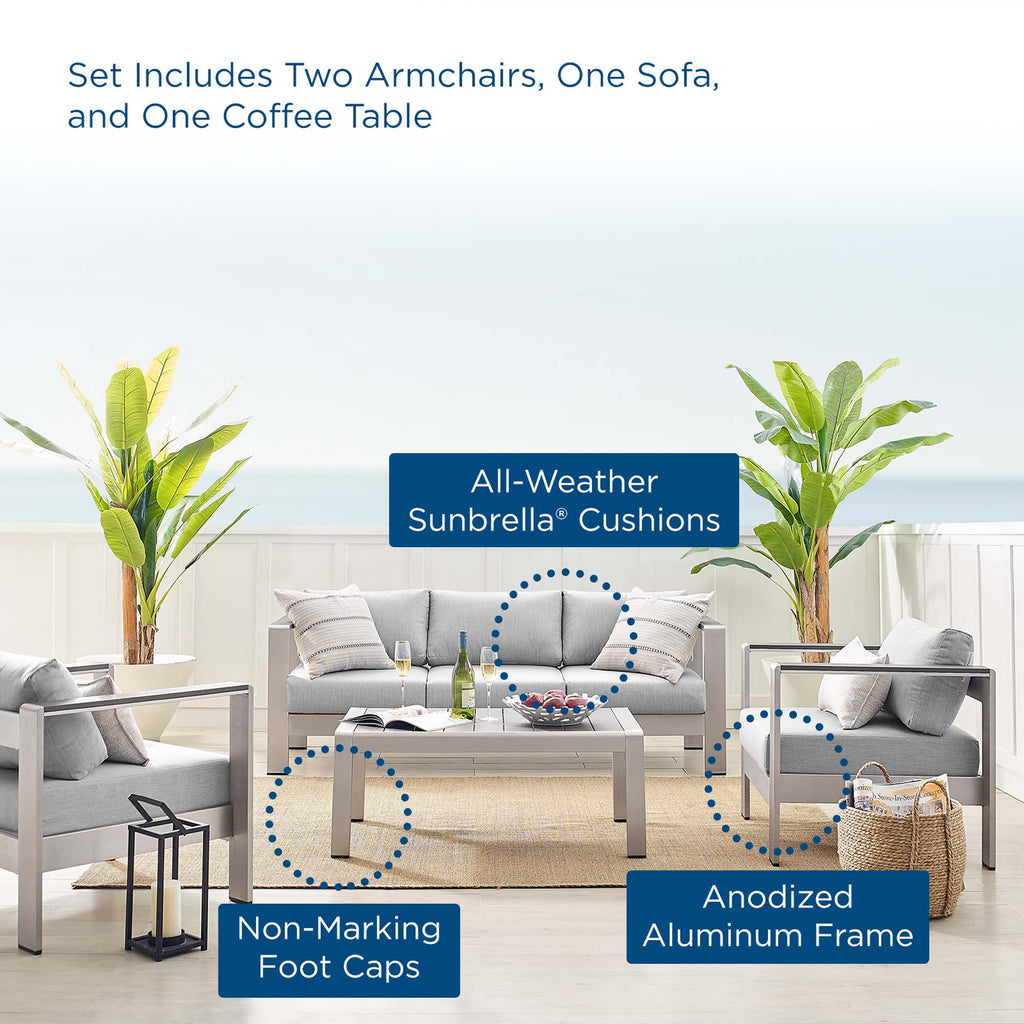 Shore 4 Piece Sunbrella Fabric Outdoor Patio Aluminum Set - Silver Gray