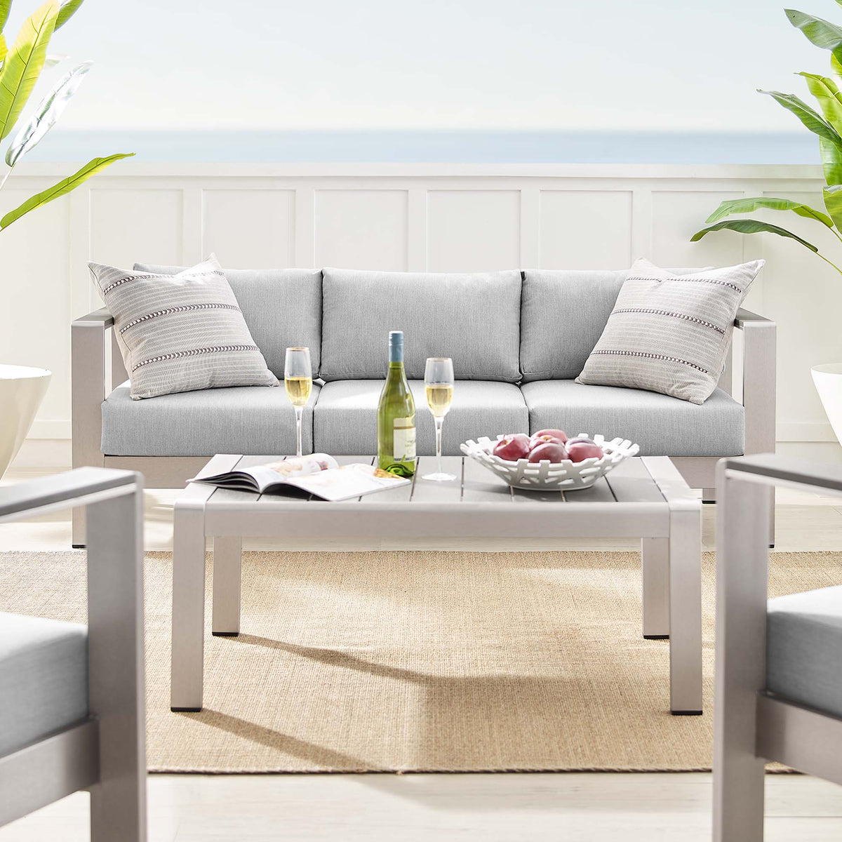 Shore 4 Piece Sunbrella Fabric Outdoor Patio Aluminum Set - Silver Gray