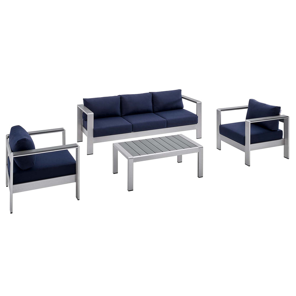 Shore 4 Piece Sunbrella Fabric Outdoor Patio Aluminum Set - Silver Navy