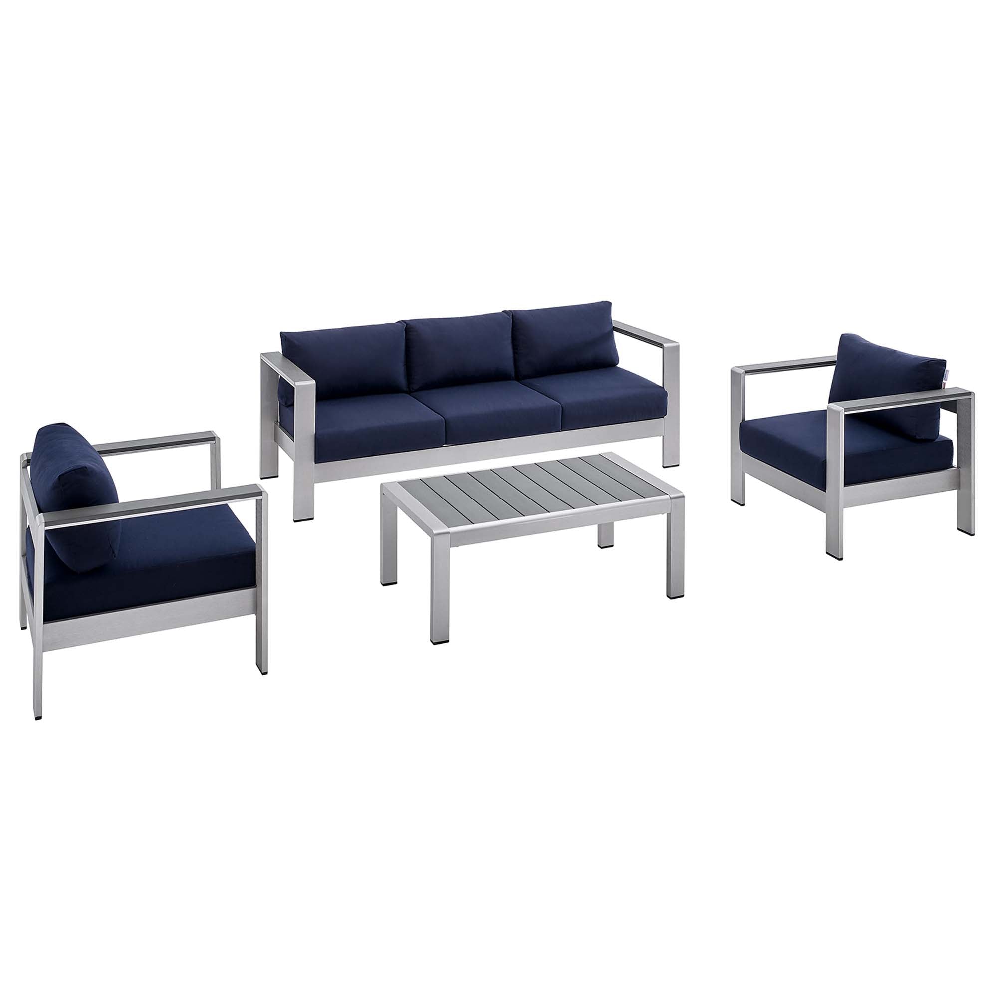 Shore 4 Piece Sunbrella Fabric Outdoor Patio Aluminum Set - Silver Navy