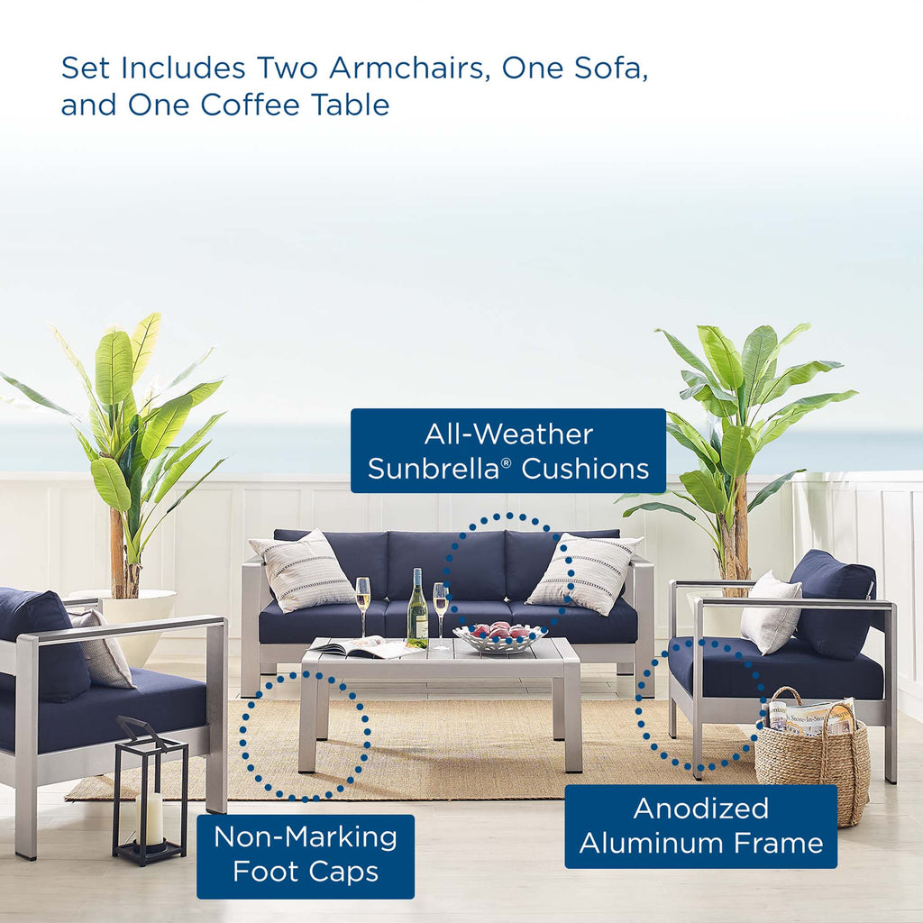 Shore 4 Piece Sunbrella Fabric Outdoor Patio Aluminum Set - Silver Navy