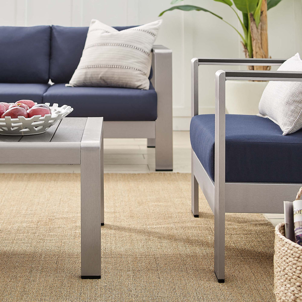 Shore 4 Piece Sunbrella Fabric Outdoor Patio Aluminum Set - Silver Navy