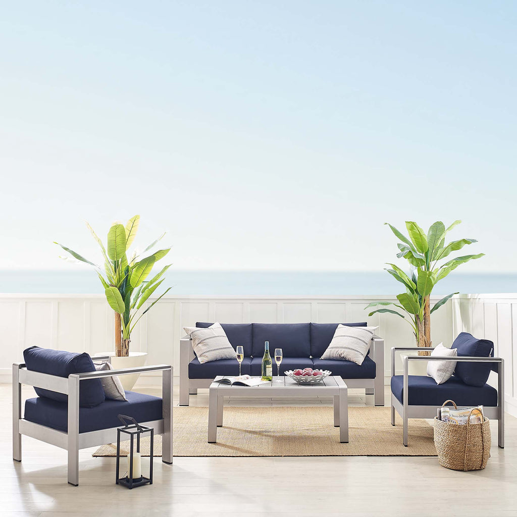 Shore 4 Piece Sunbrella Fabric Outdoor Patio Aluminum Set - Silver Navy