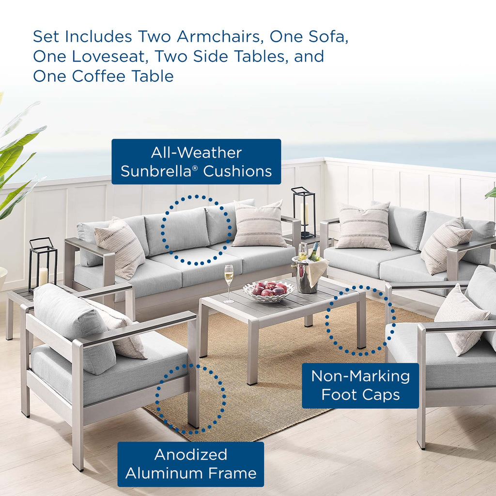 Shore 7 Piece Sunbrella Fabric Outdoor Patio Aluminum Set - Silver Gray