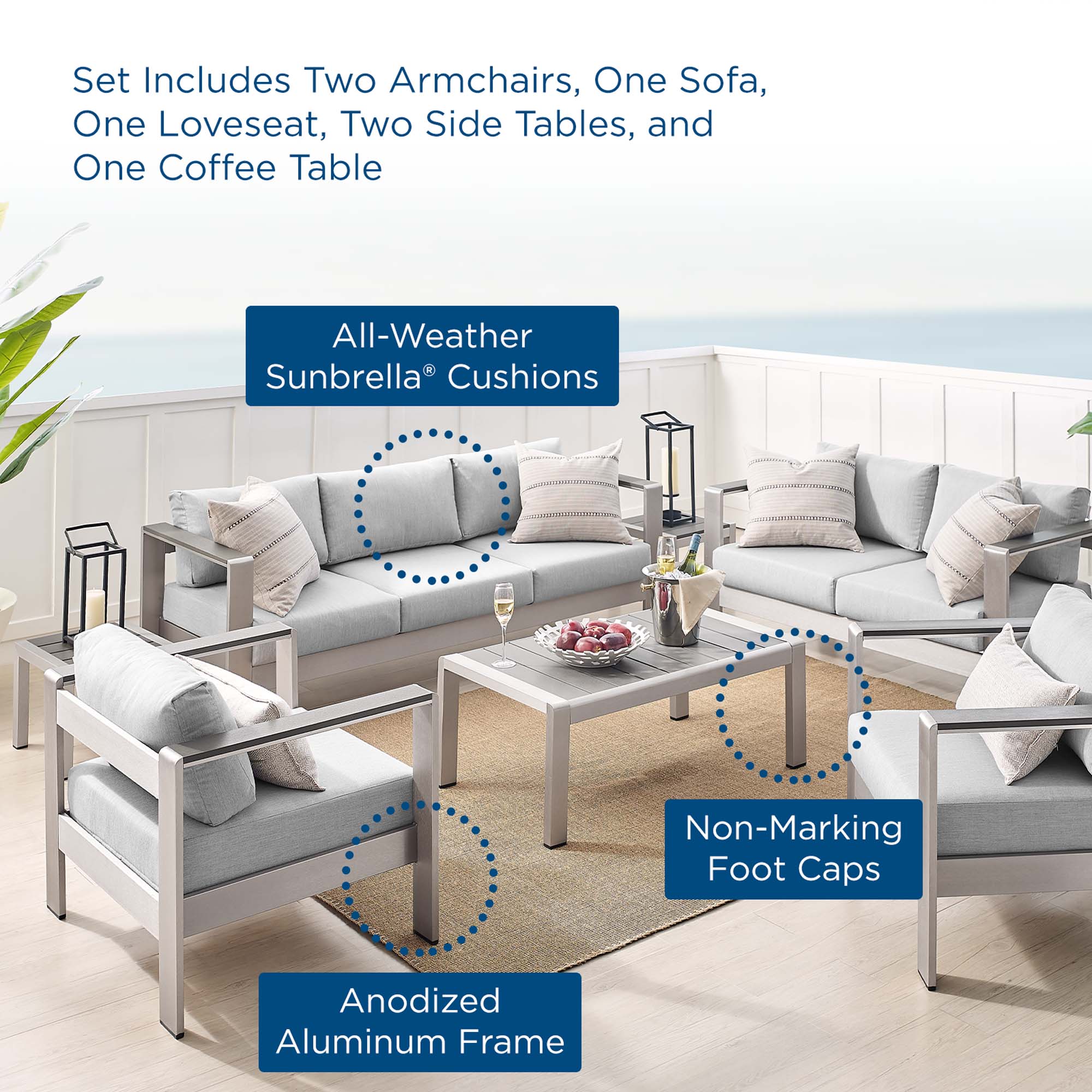Shore 7 Piece Sunbrella Fabric Outdoor Patio Aluminum Set - Silver Gray